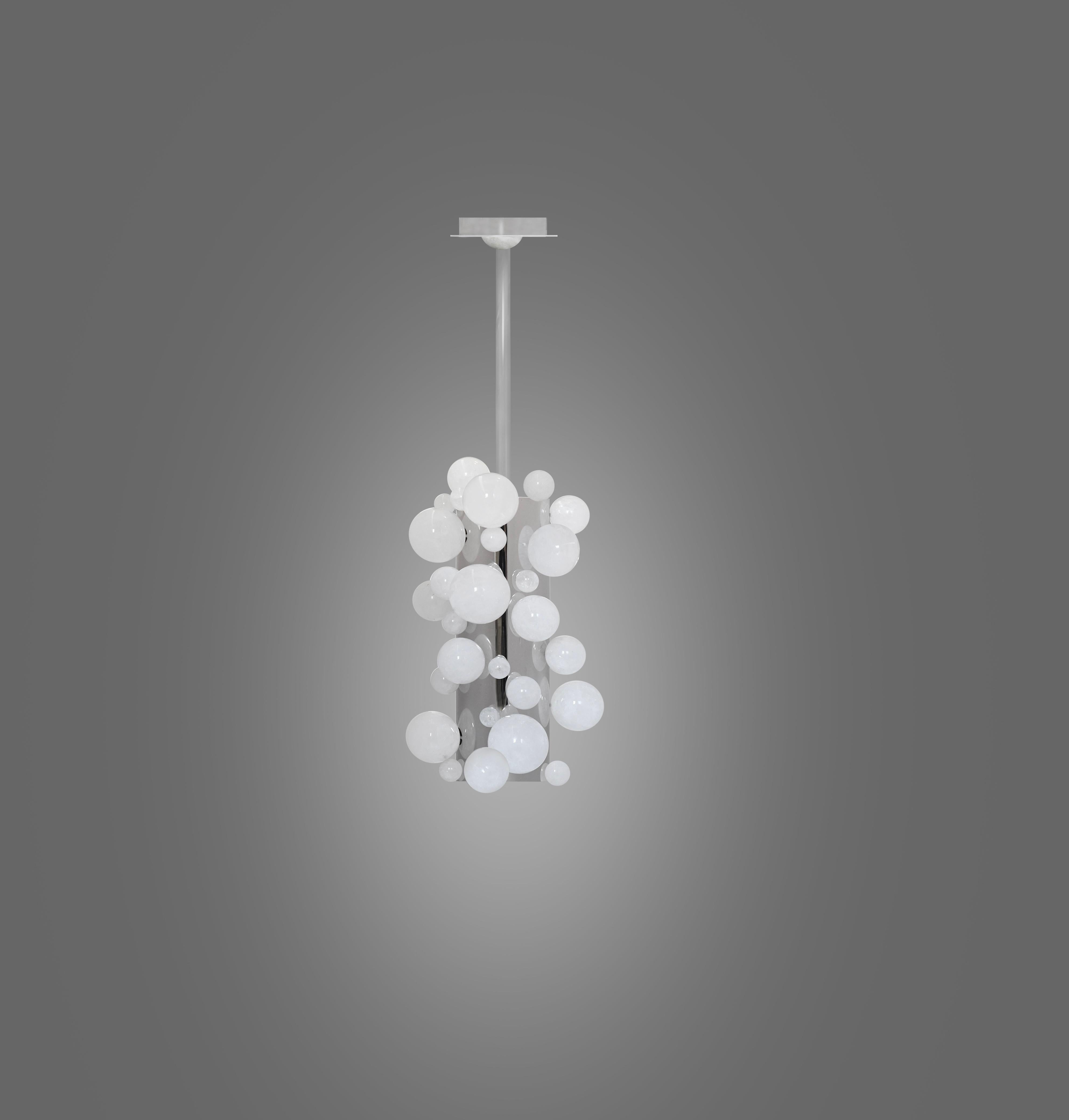 Bubble rock crystal pendant light with nickel plating finish. Created by Phoenix Gallery, NYC. 
Two sockets installed. Use LED warm light bulbs. 50w Each. 100 w total. 
Dimension of the Pendant: 8