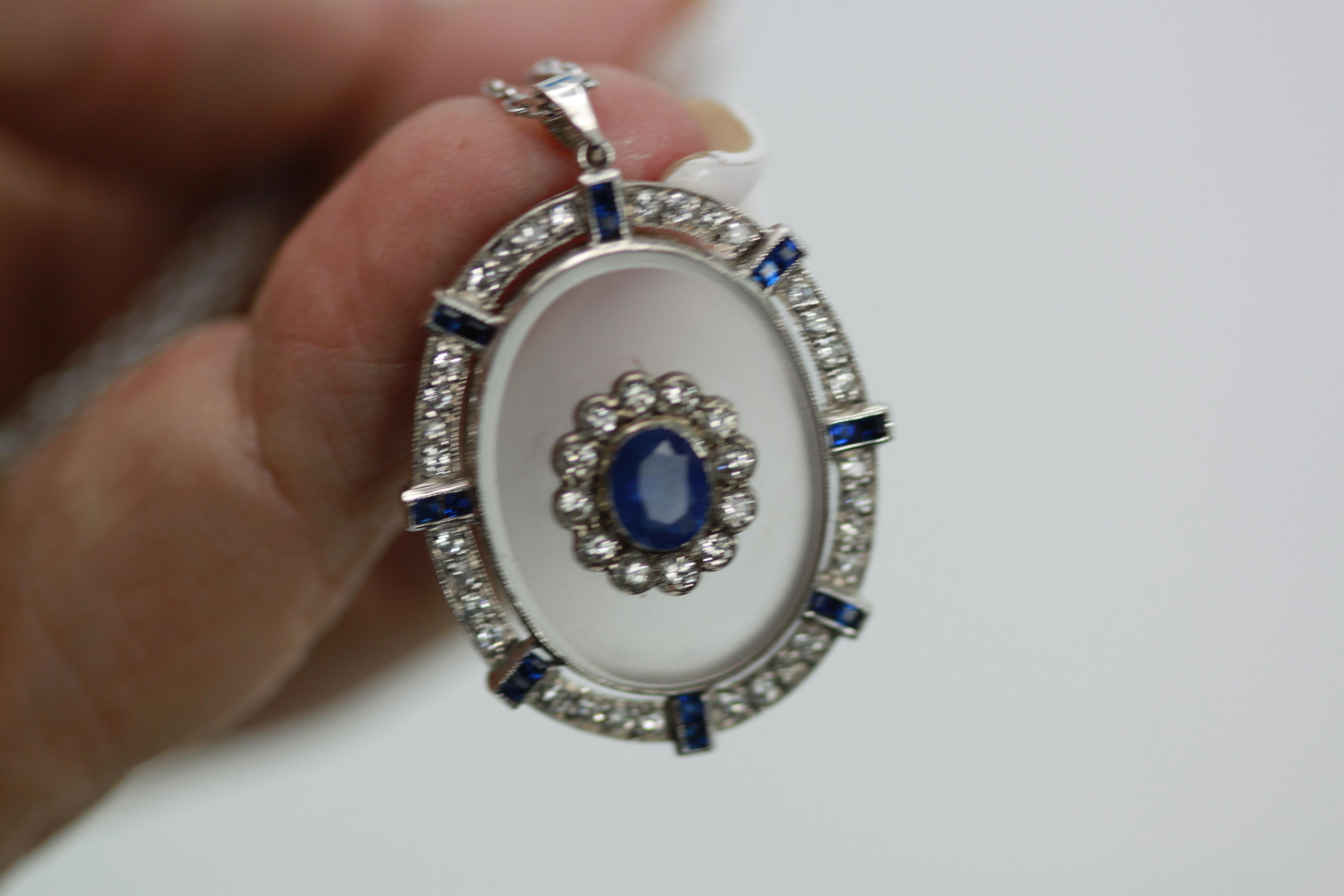 Rock Crystal Pendant Sapphire Diamonds 18K In Excellent Condition For Sale In North Hollywood, CA