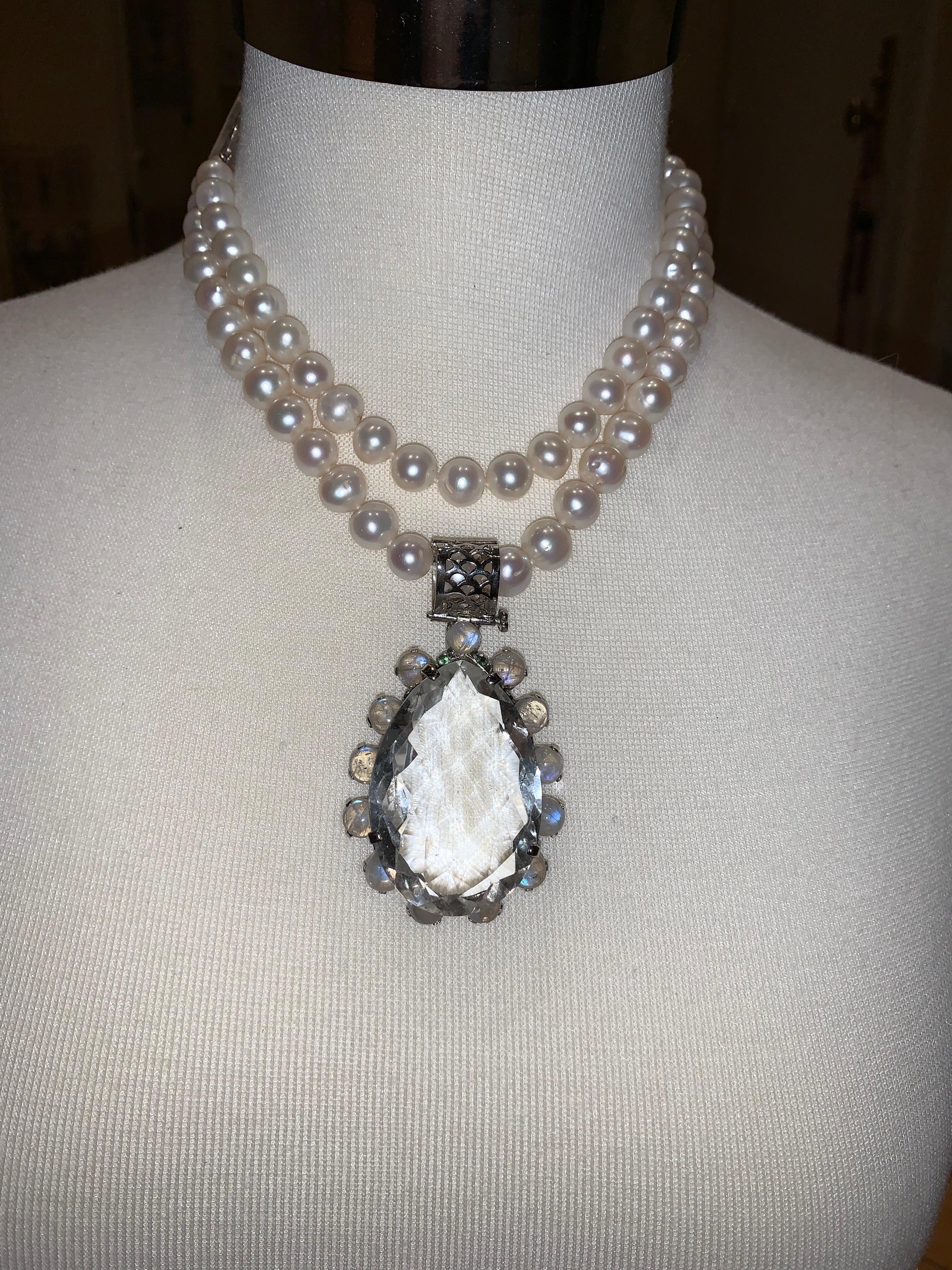 114 Carats Rock Crystal Pendant Necklace with Tsavorites and Moonstone For Sale 5