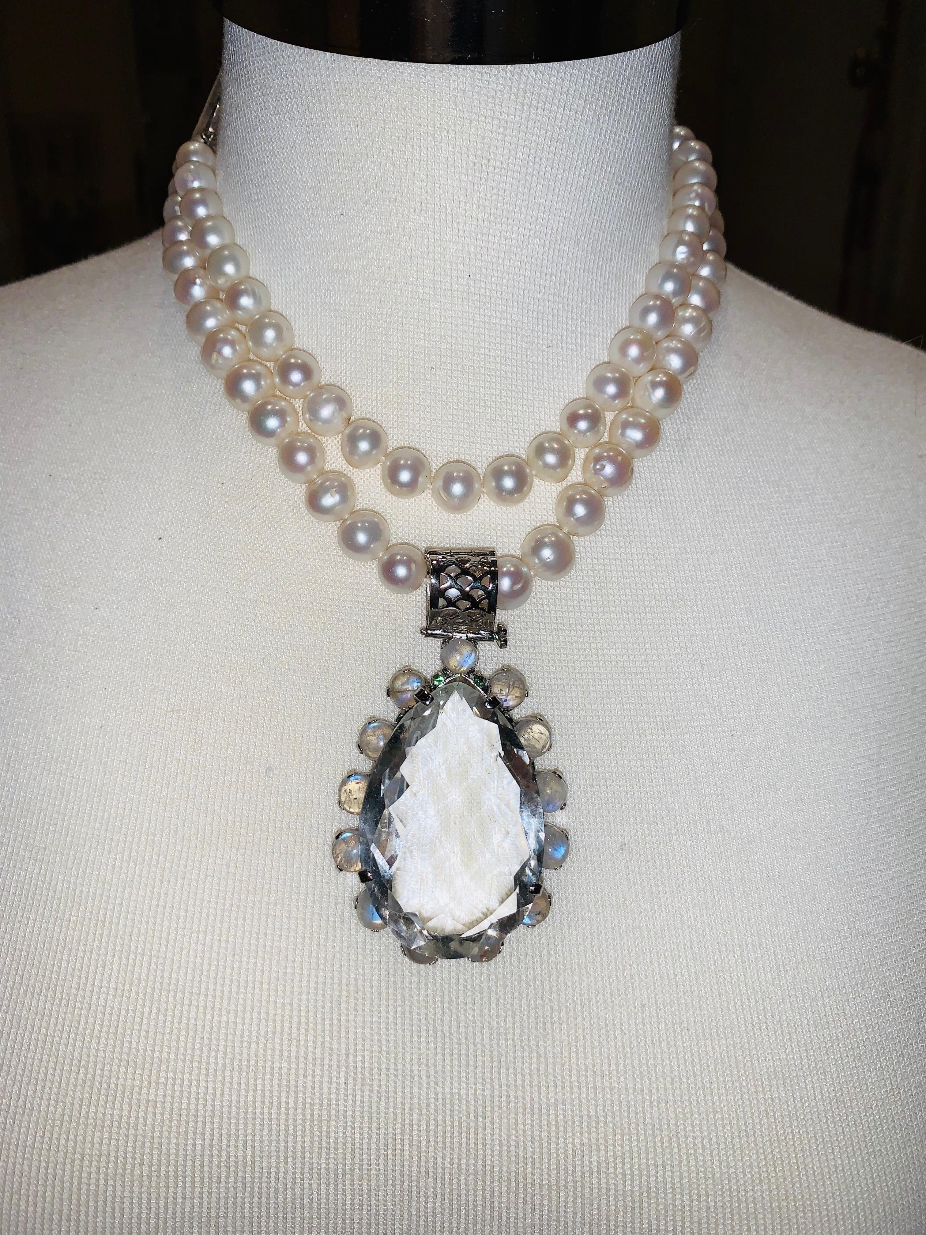 114 Carats Rock Crystal Pendant Necklace with Tsavorites and Moonstone For Sale 6