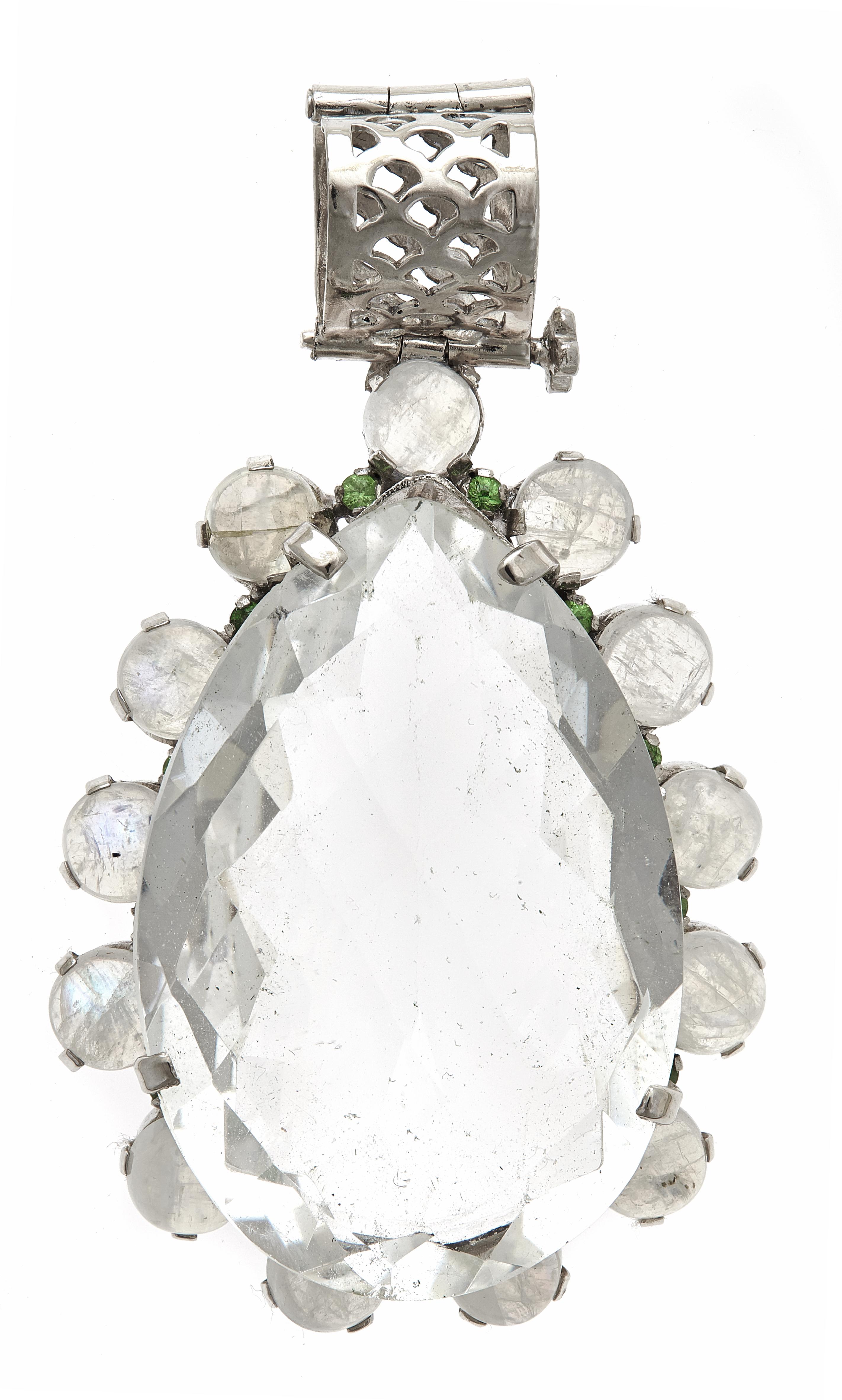 Artisan 114 Carats Rock Crystal Pendant Necklace with Tsavorites and Moonstone For Sale