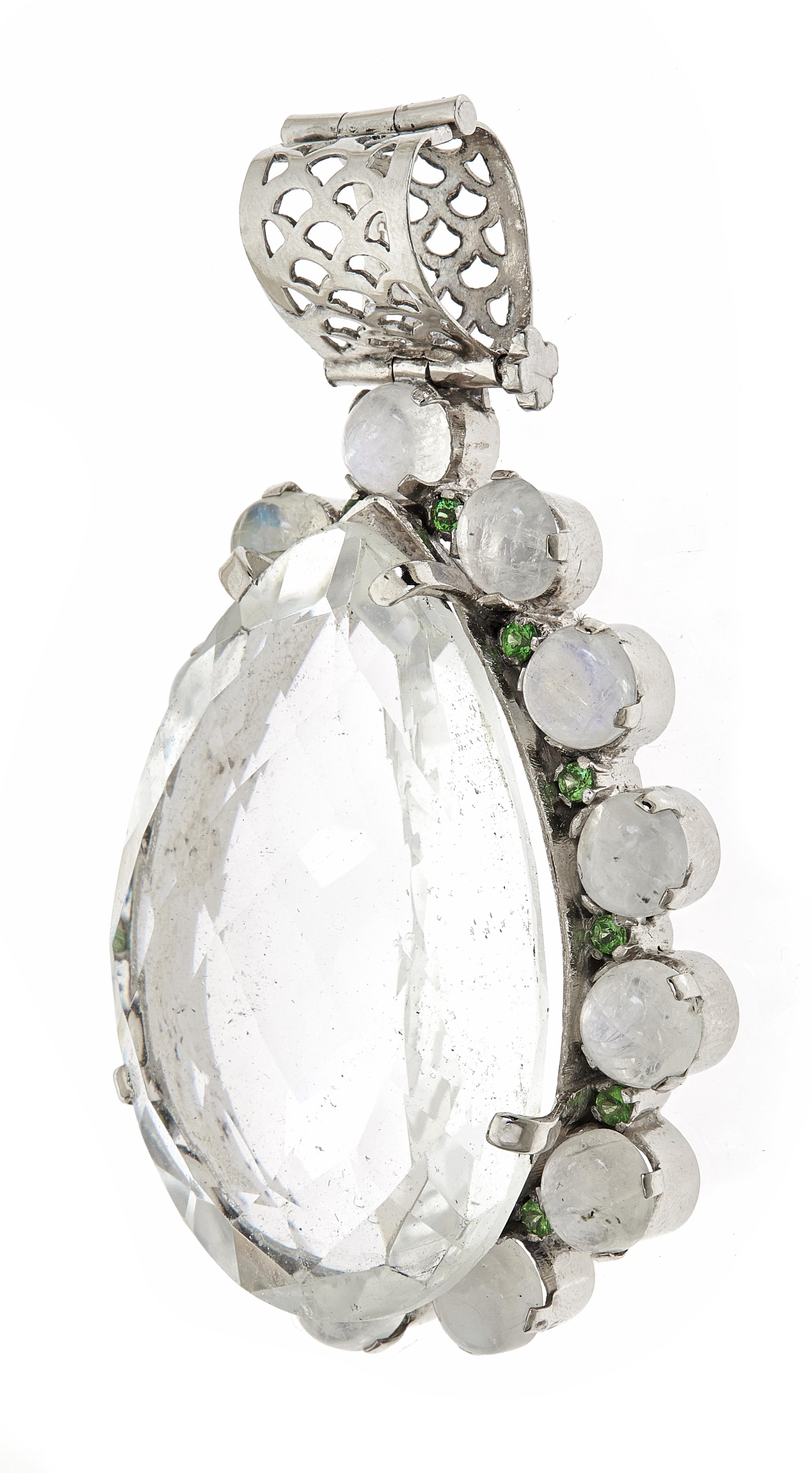 Pear Cut 114 Carats Rock Crystal Pendant Necklace with Tsavorites and Moonstone For Sale