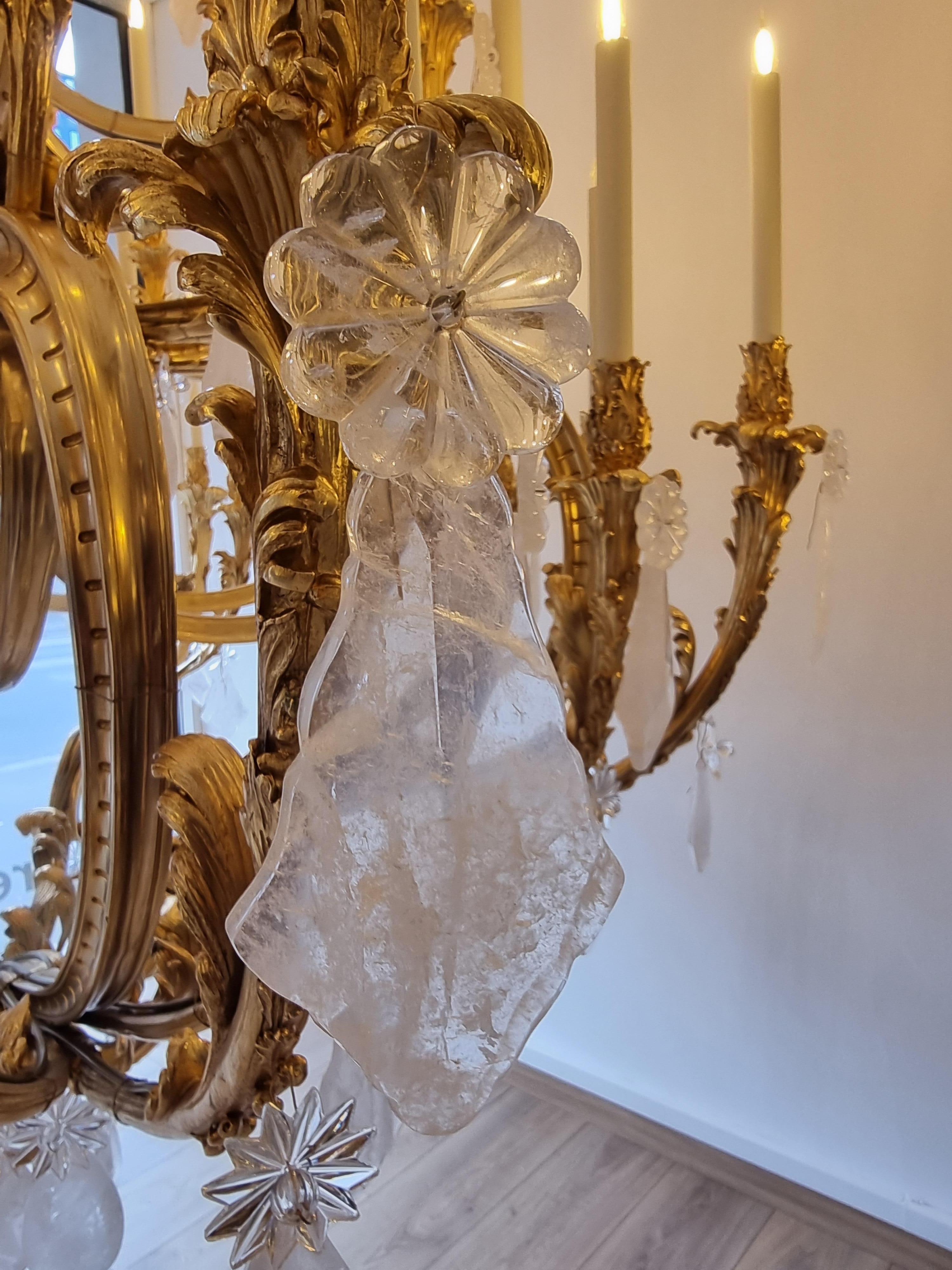 Rock crystal pendants Louis XV style Cage Chandelier with 18 carats gold  In Excellent Condition For Sale In SAINT-OUEN-SUR-SEINE, FR