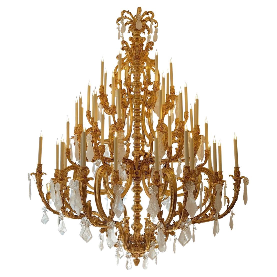 Rock crystal pendants Louis XV style Cage Chandelier with 18 carats gold  For Sale