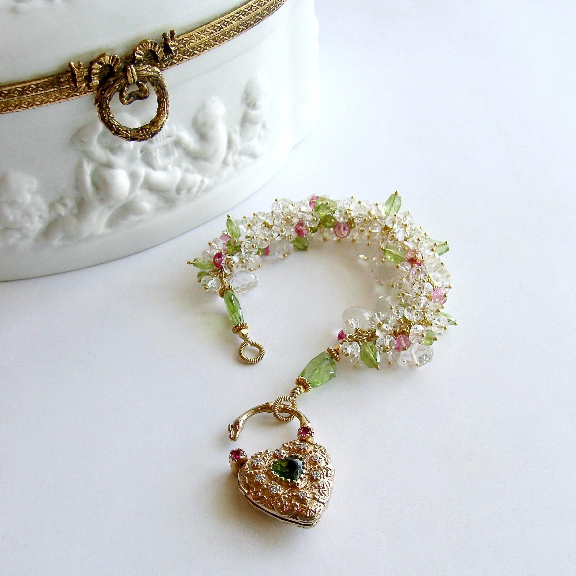 Rock Crystal Peridot Topaz Cluster Bracelet Padlock Heart, Posey Bracelet For Sale 1