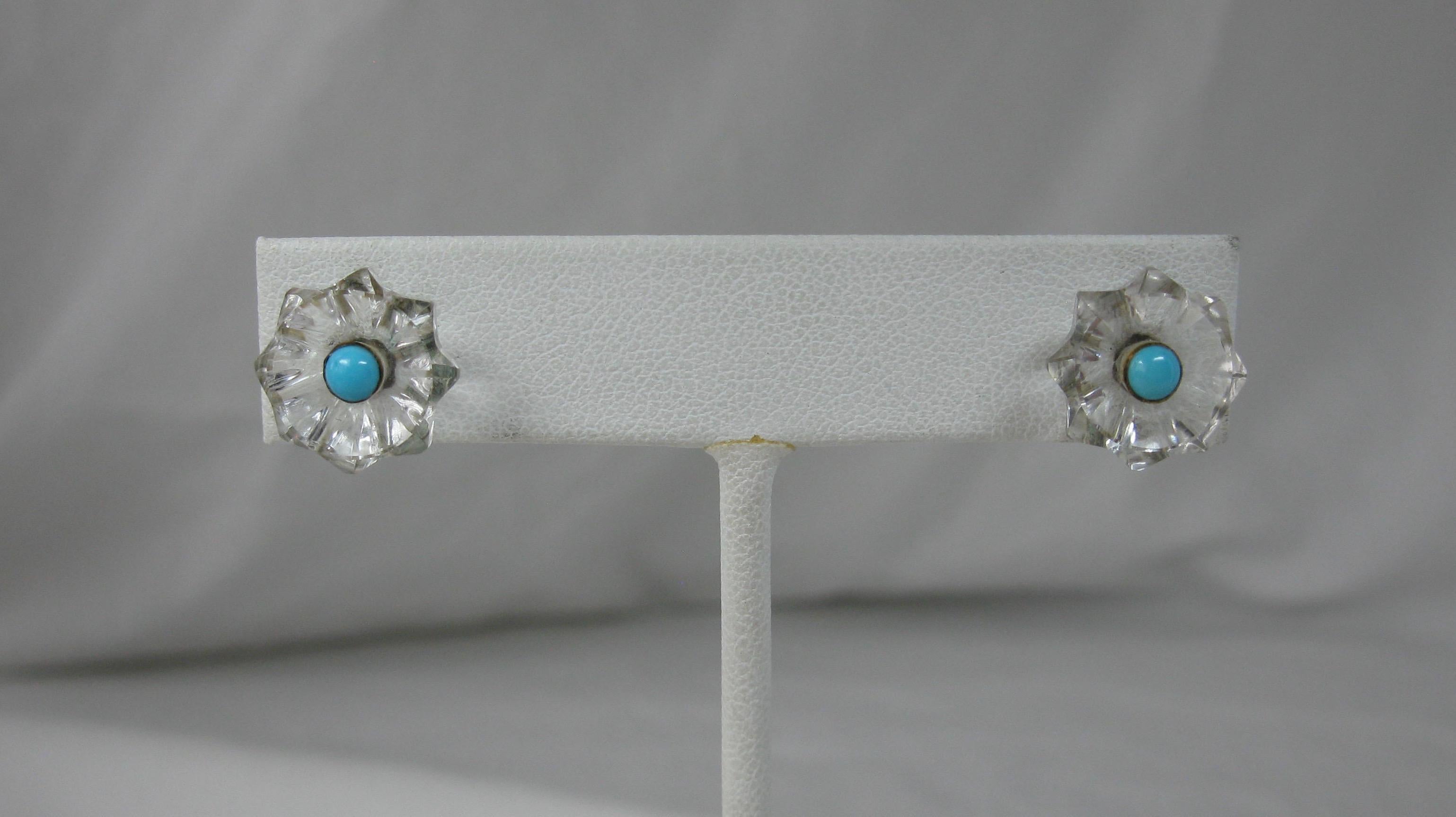 Art déco Boucles d'oreilles cristal de roche Turquoise Perse Or 14 carats Art Deco Antique en vente