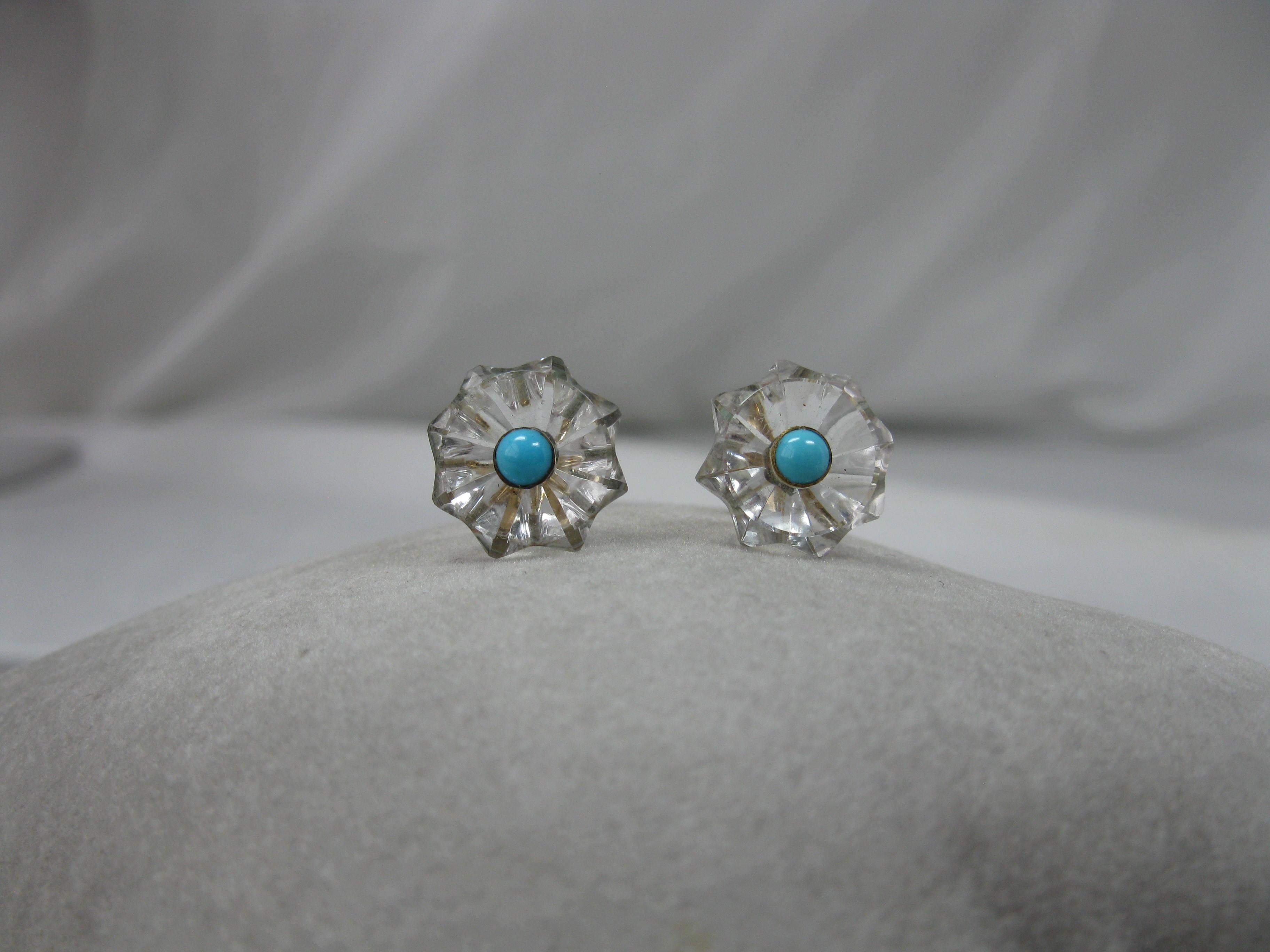 Taille mixte Boucles d'oreilles cristal de roche Turquoise Perse Or 14 carats Art Deco Antique en vente
