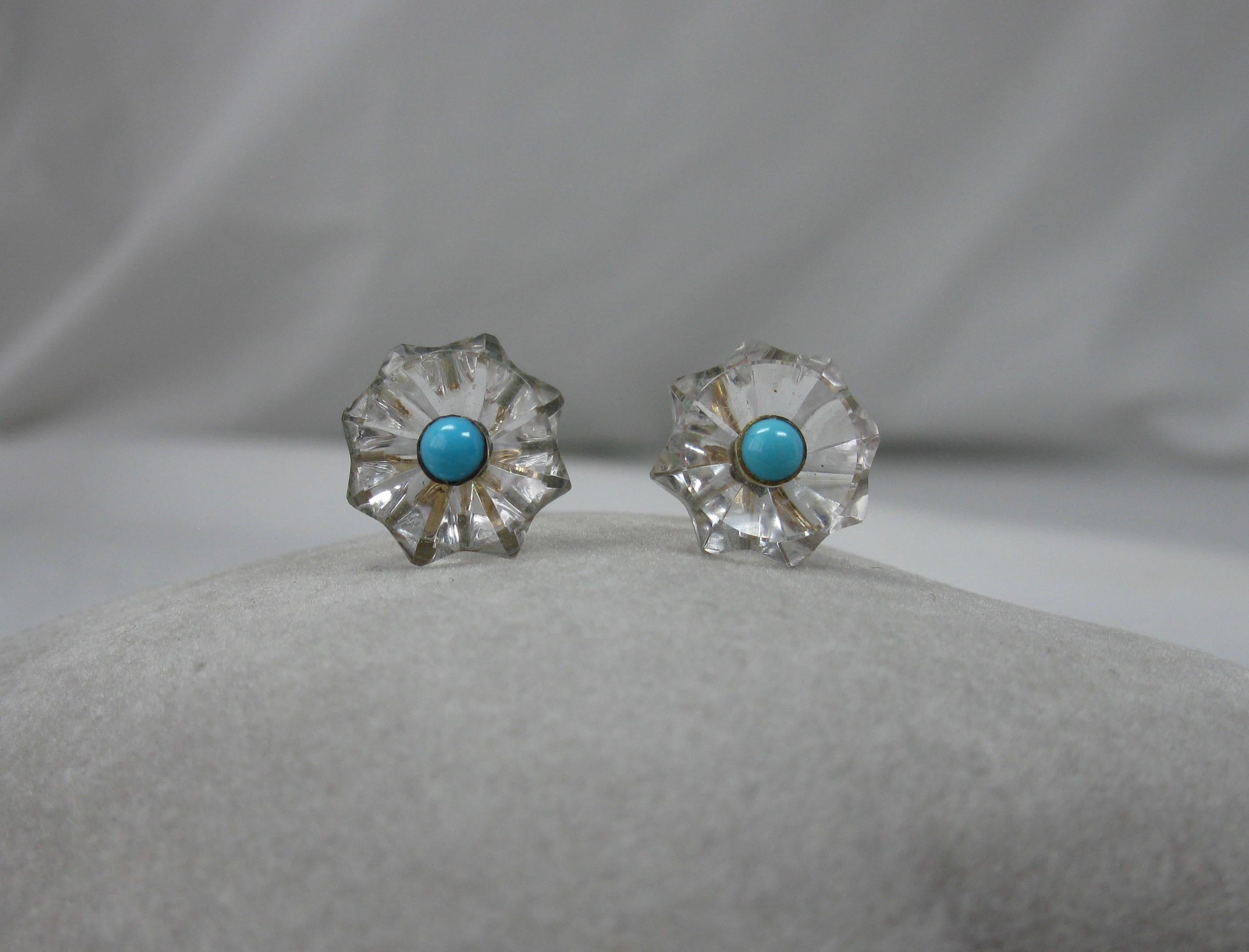 Boucles d'oreilles cristal de roche Turquoise Perse Or 14 carats Art Deco Antique Bon état - En vente à New York, NY