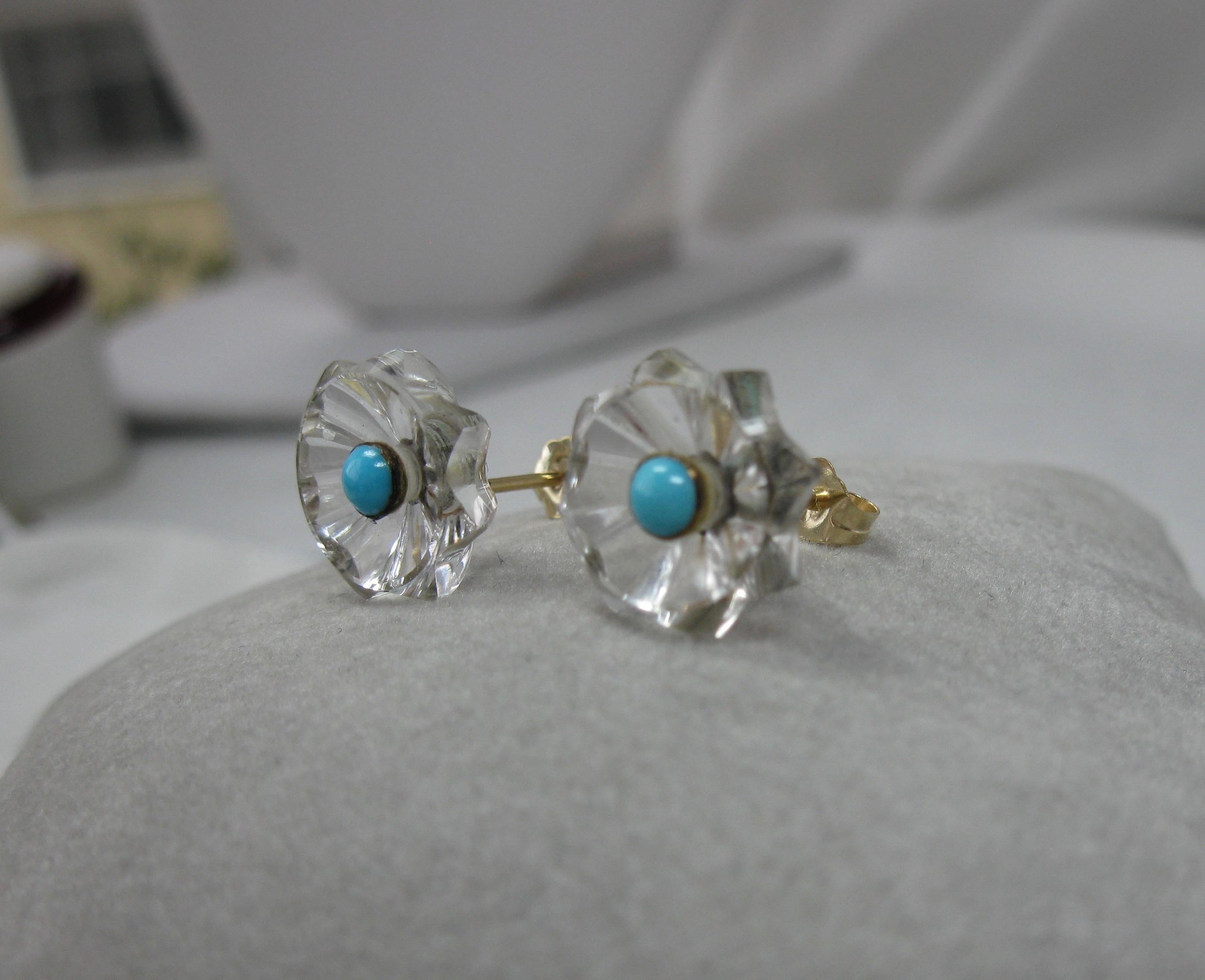 Boucles d'oreilles cristal de roche Turquoise Perse Or 14 carats Art Deco Antique Pour hommes en vente