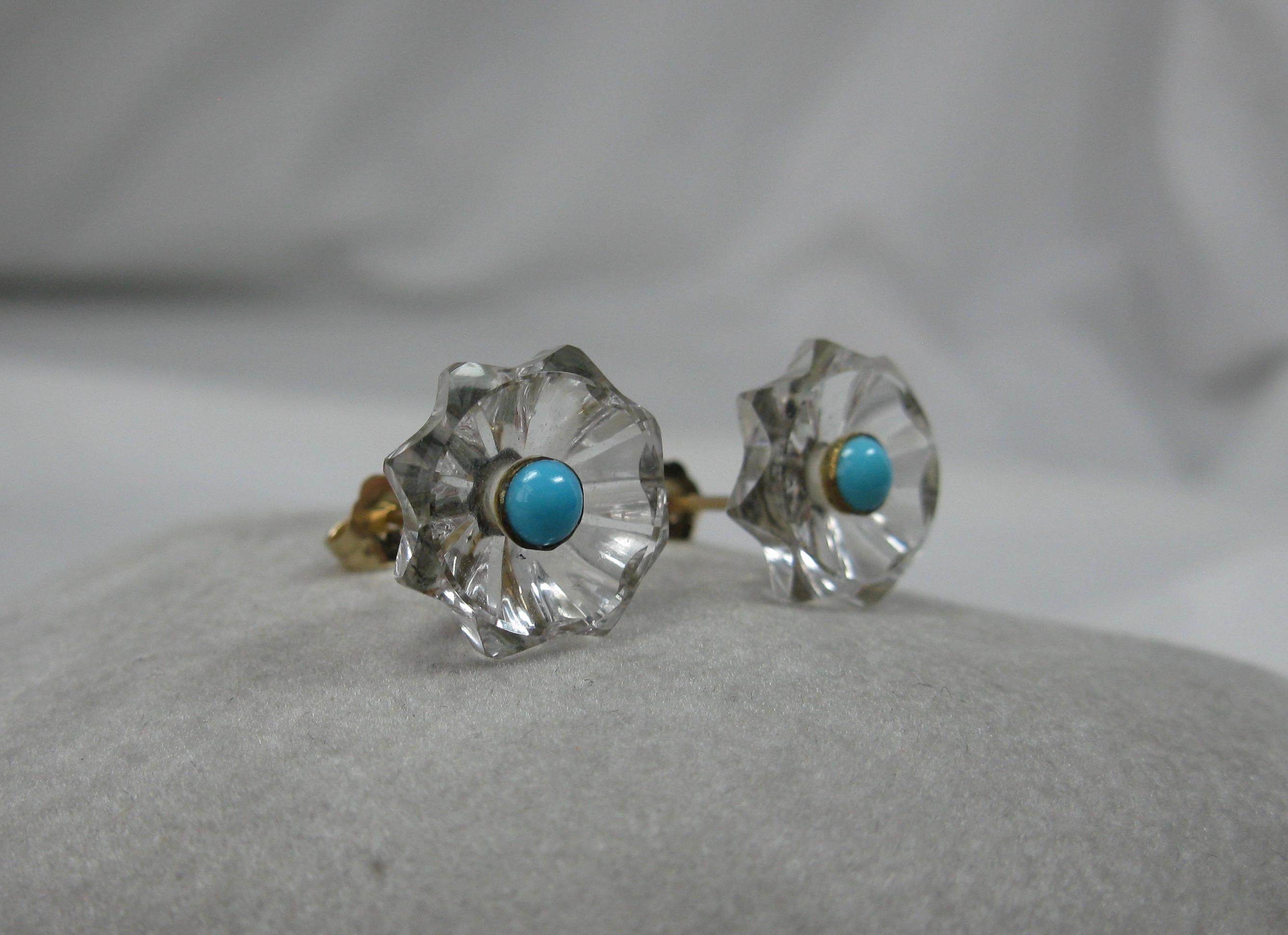 Boucles d'oreilles cristal de roche Turquoise Perse Or 14 carats Art Deco Antique en vente 1