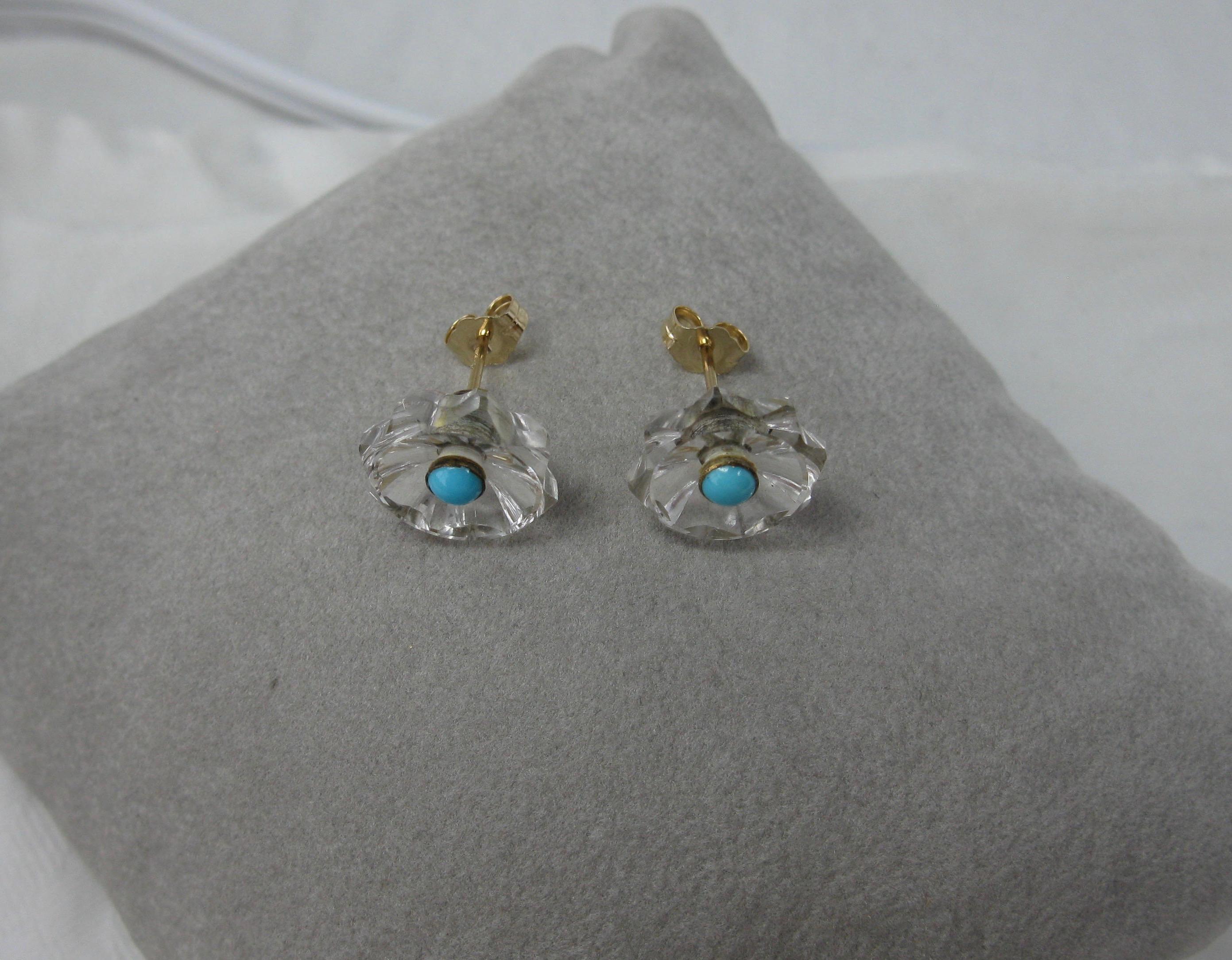 Boucles d'oreilles cristal de roche Turquoise Perse Or 14 carats Art Deco Antique en vente 2