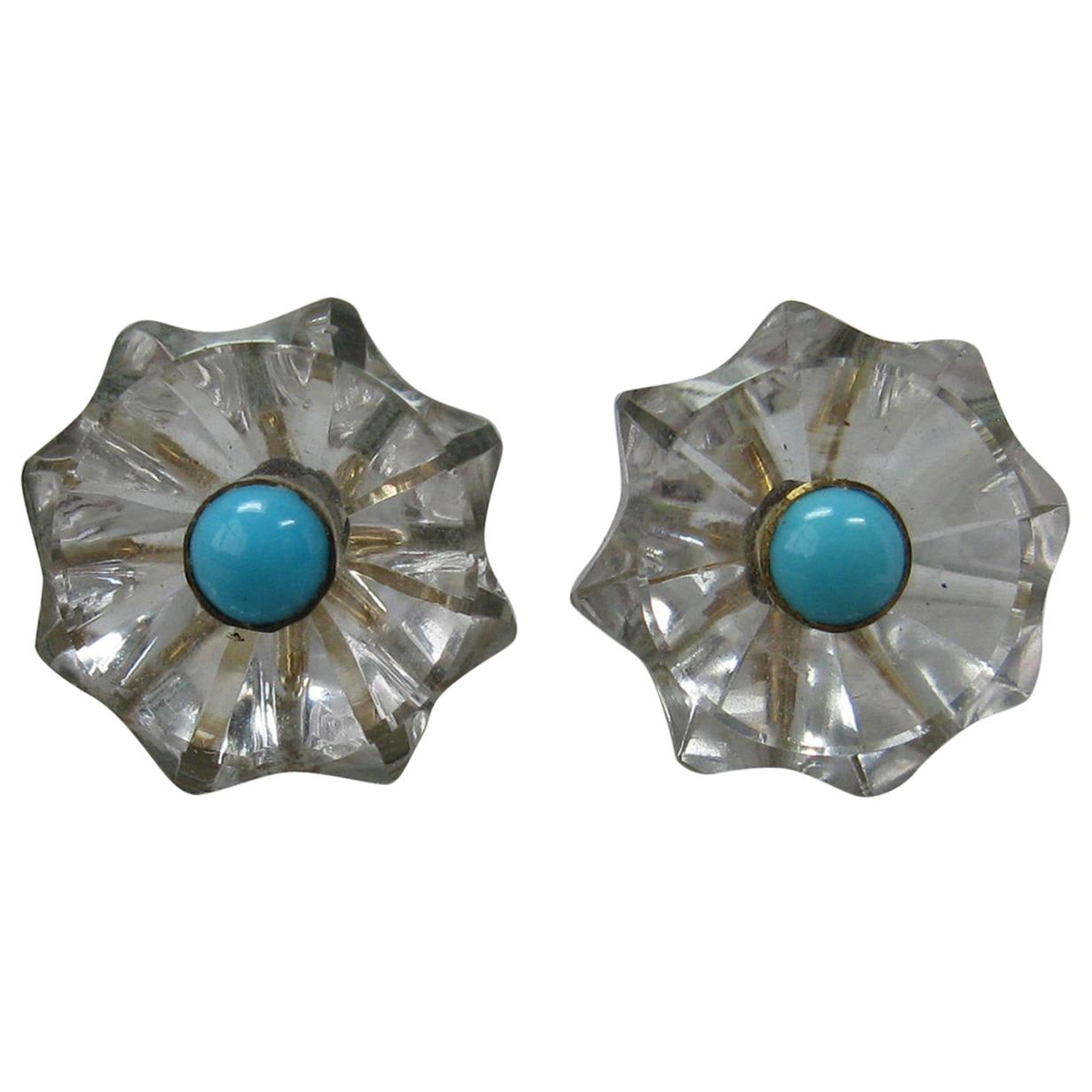 Boucles d'oreilles cristal de roche Turquoise Perse Or 14 carats Art Deco Antique en vente