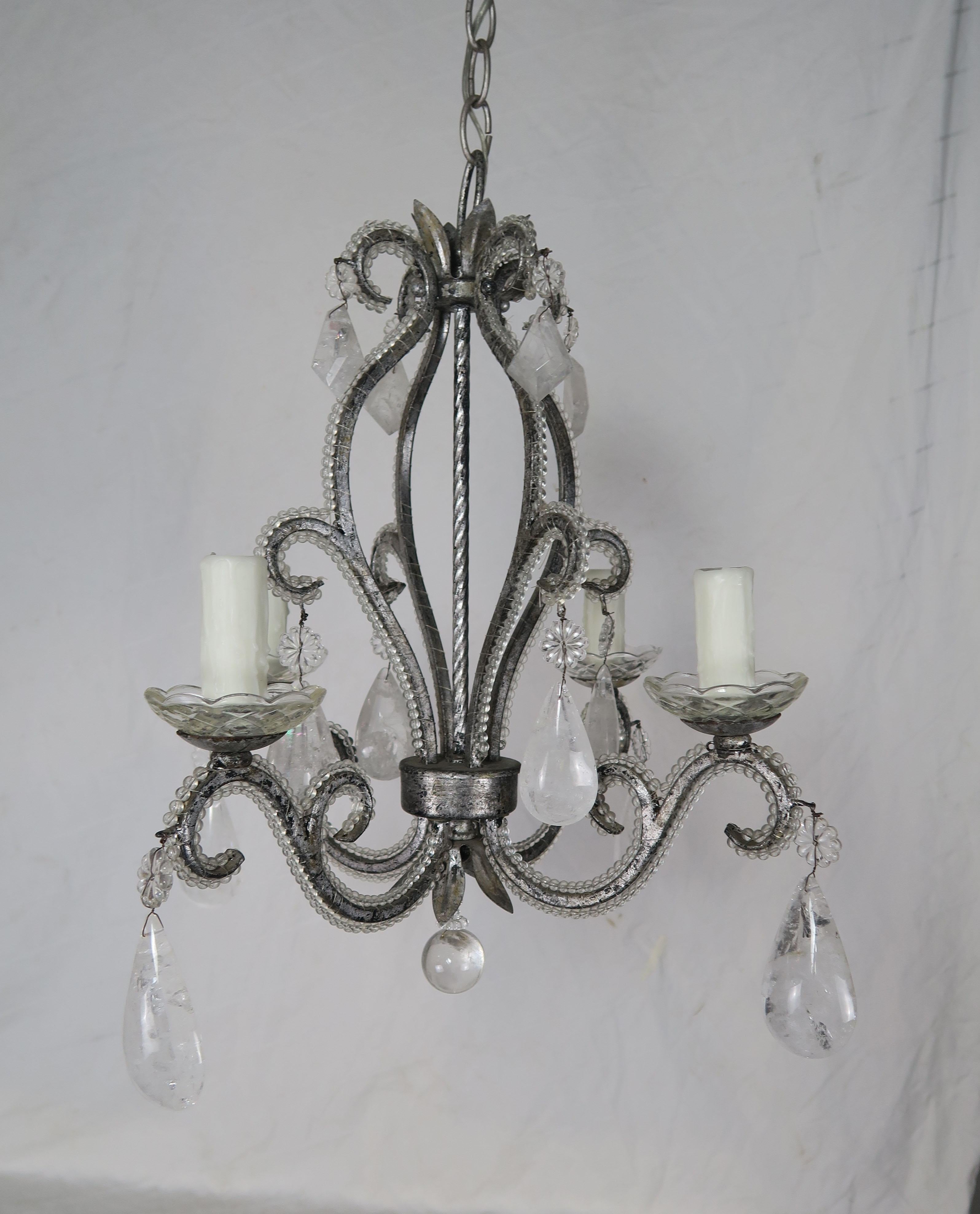 Rococo Rock Crystal Pewter Framed Beaded Chandelier