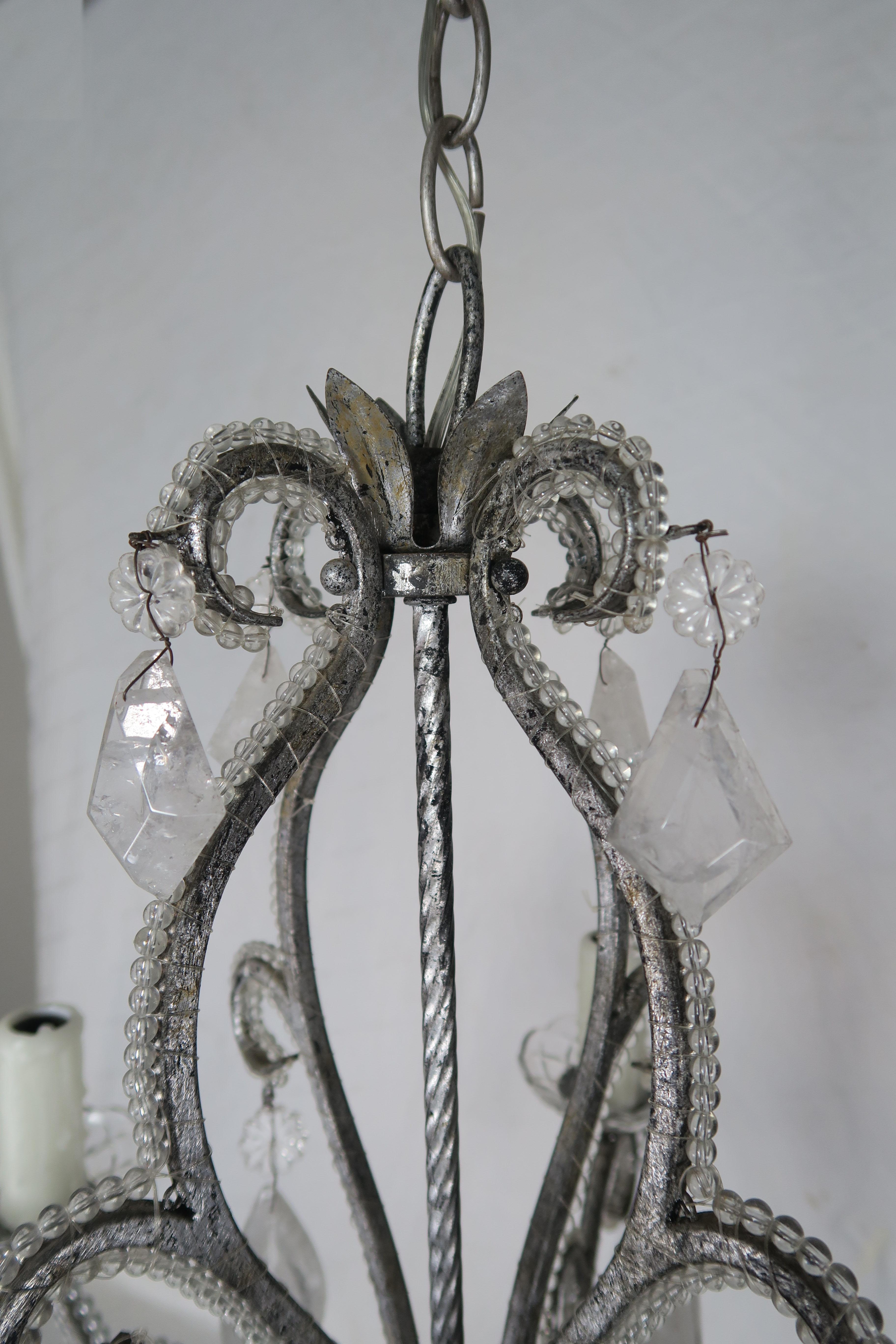 Rock Crystal Pewter Framed Beaded Chandelier In Distressed Condition In Los Angeles, CA