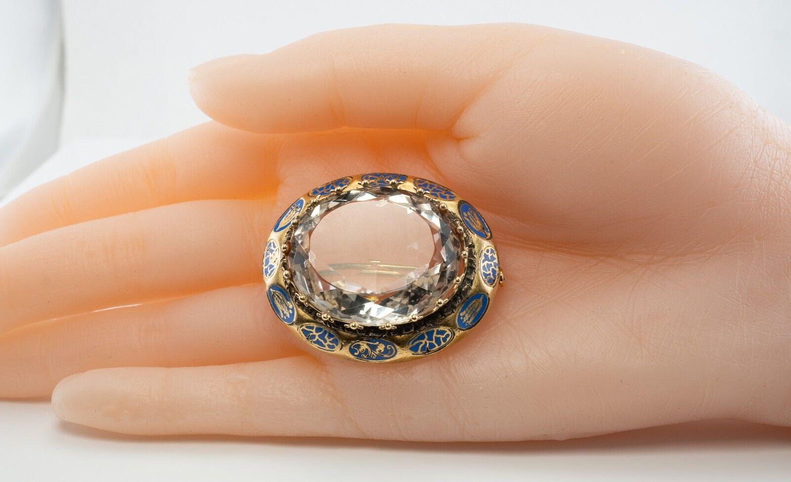 Taille ovale Broche pendentif en cristal de roche et quartz émaillé or 14K antique en vente