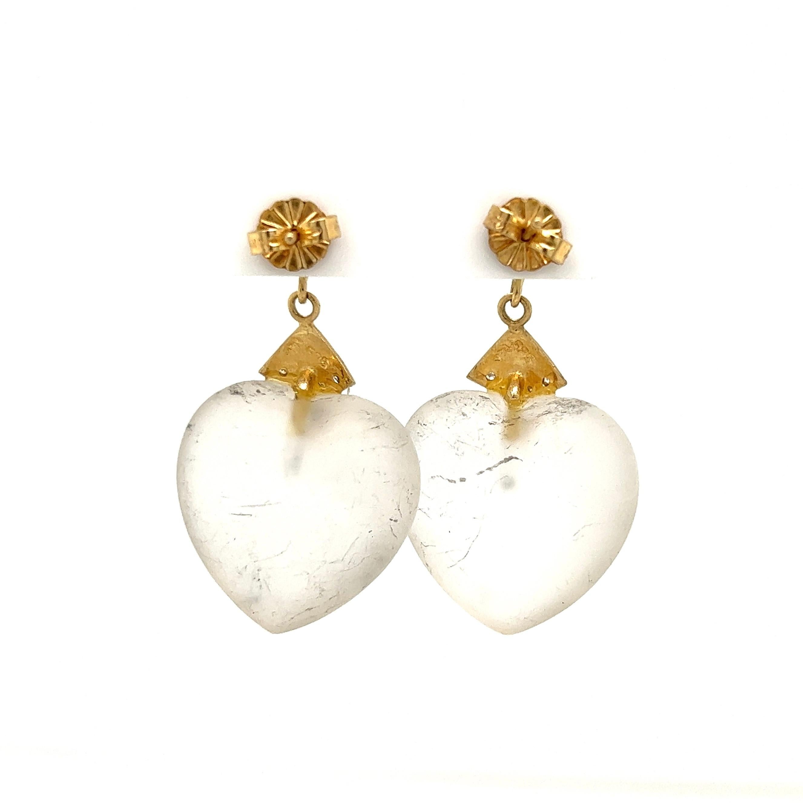 Mixed Cut Rock Crystal Quartz Hearts and Sapphire and Diamond Gold Drop Earrings  For Sale