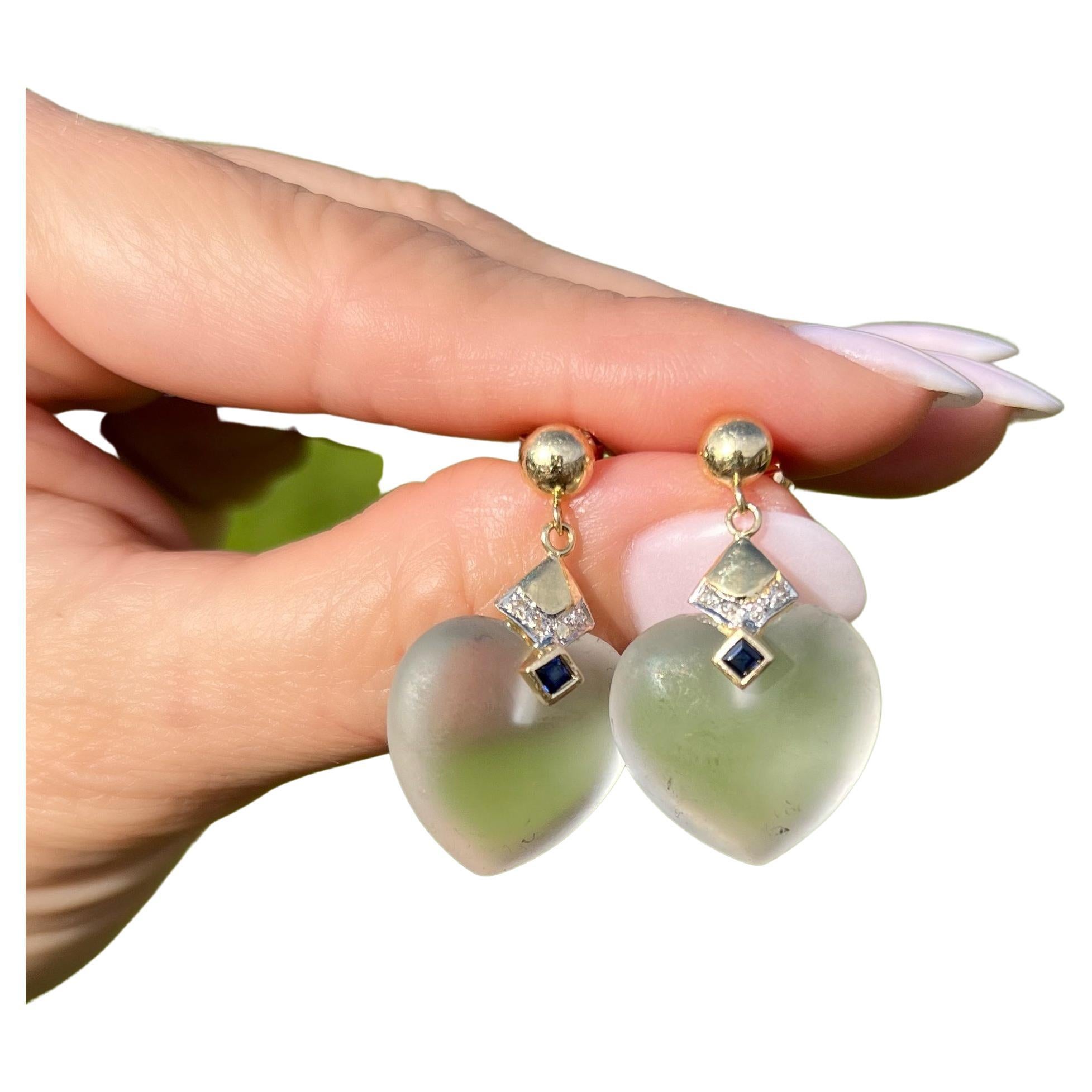 Rock Crystal Quartz Hearts and Sapphire and Diamond Gold Drop Earrings