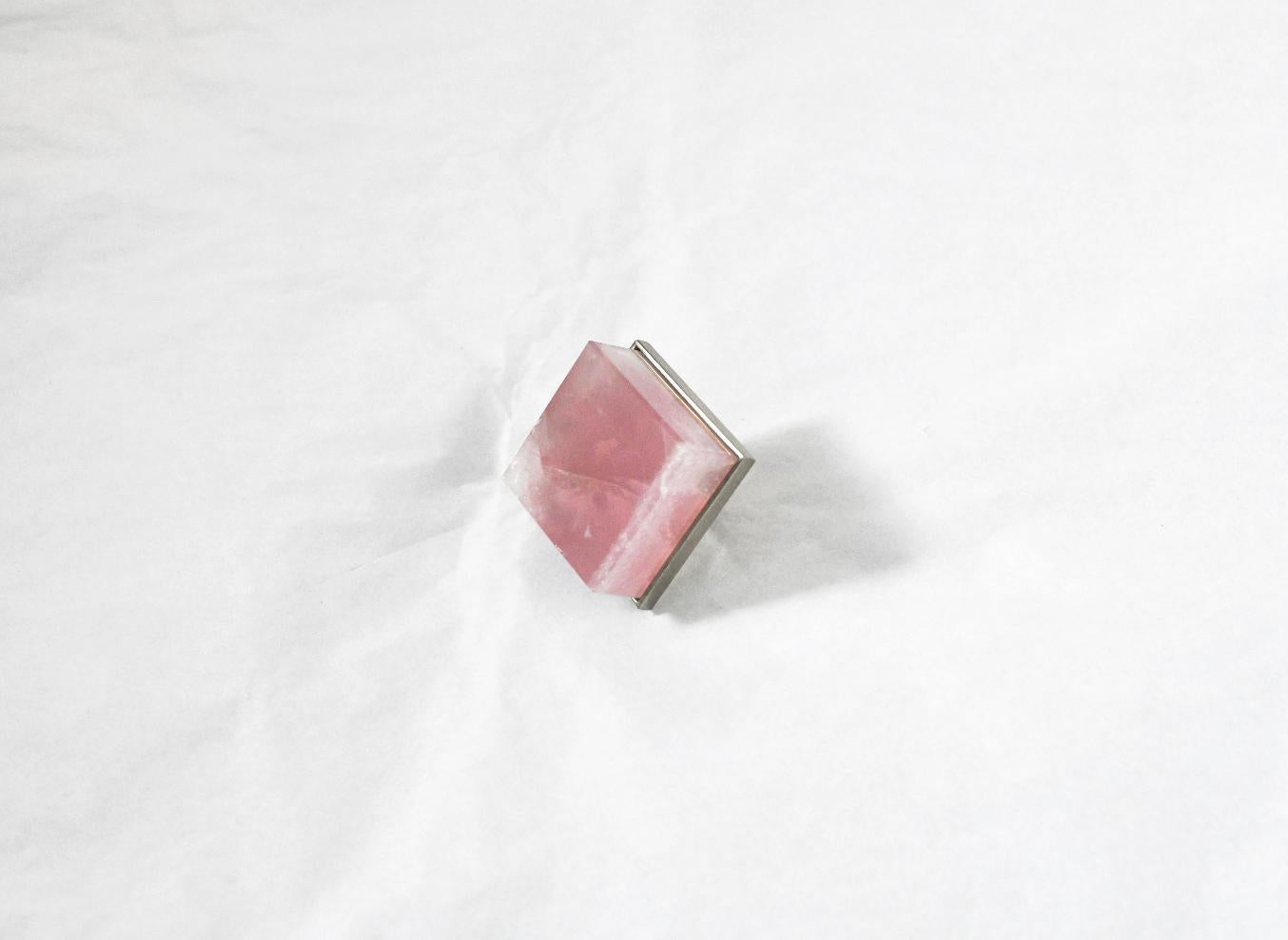 Cubic form rose rock crystal quartz knob with nickel plating base. Created by Phoenix Gallery, NYC.