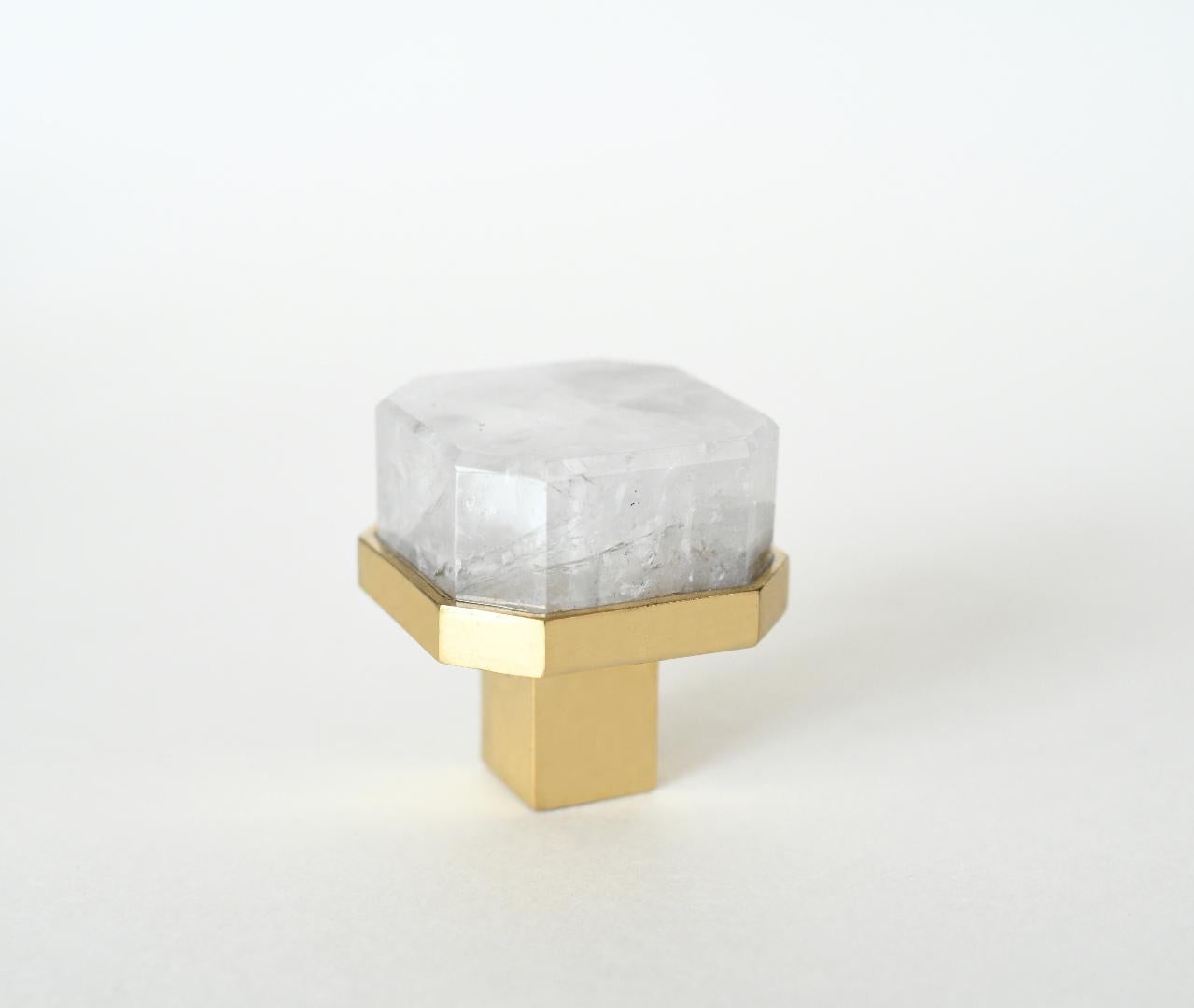 Octagon form rock crystal quartz knob with polished brass base. Created by Phoenix Gallery, NYC.
Custom size and finish upon request.