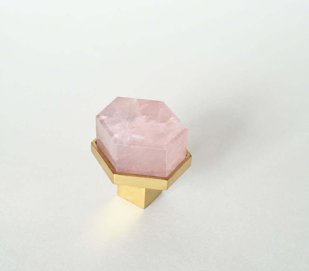 Flat hexagon form rose rock crystal quartz knob with polished brass base. Created by Phoenix Gallery, NYC.
Custom size, and finish upon request.