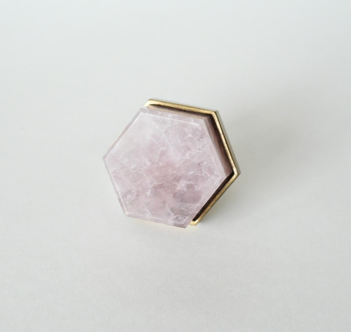 Hexagon form rose rock crystal quartz knob with polished brass base. Created by Phoenix Gallery, NYC.
Custom size, and finish upon request.