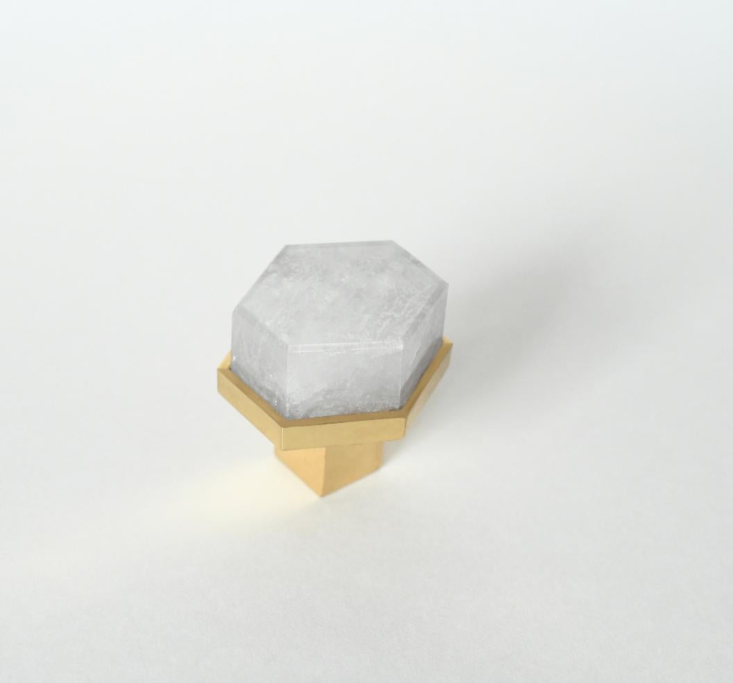 Flat hexagon form rock crystal quartz knob with polished brass base. Created by Phoenix Gallery, NYC.
Custom size and finish upon request.