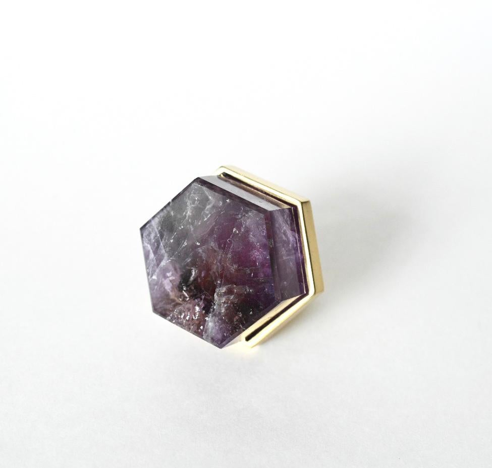 Hexagon form amethyst knob with polished brass base. Created by Phoenix Gallery, NYC.
Custom size and finish upon request.