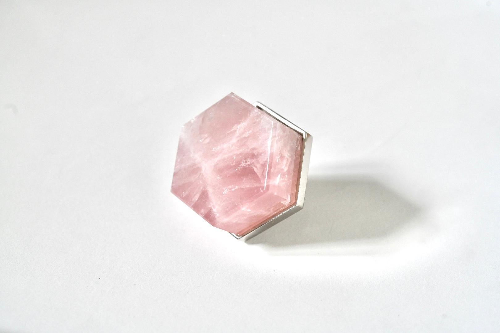 Hexagon form rose rock crystal quartz knob with nickel plating base. Created by Phoenix Gallery, NYC.