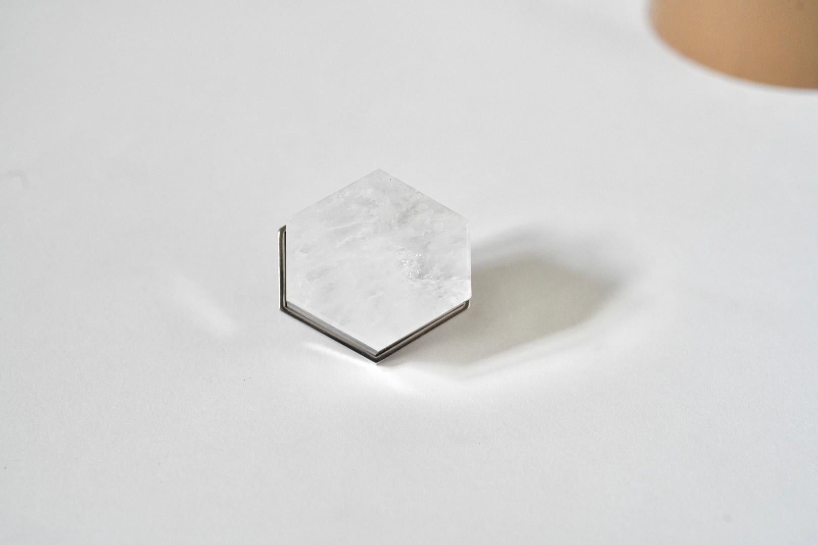 Flat hexagon form rock crystal quartz knob with nickel plating base. Created by Phoenix Gallery, NYC.
 