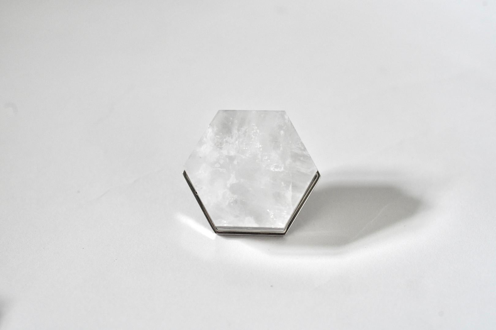 Hexagon form rock crystal quartz knob with nickel plating base. Created by Phoenix Gallery, NYC.