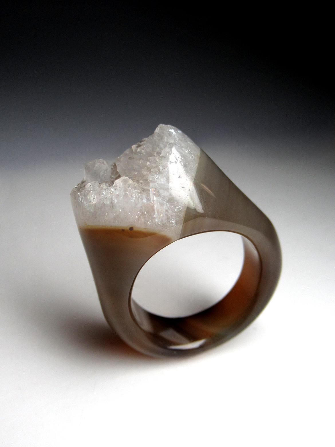 Artisan Bague en cristal de roche solide Bicolor Uncut Clear Quartz Crystals Heal's Healing Unisex en vente