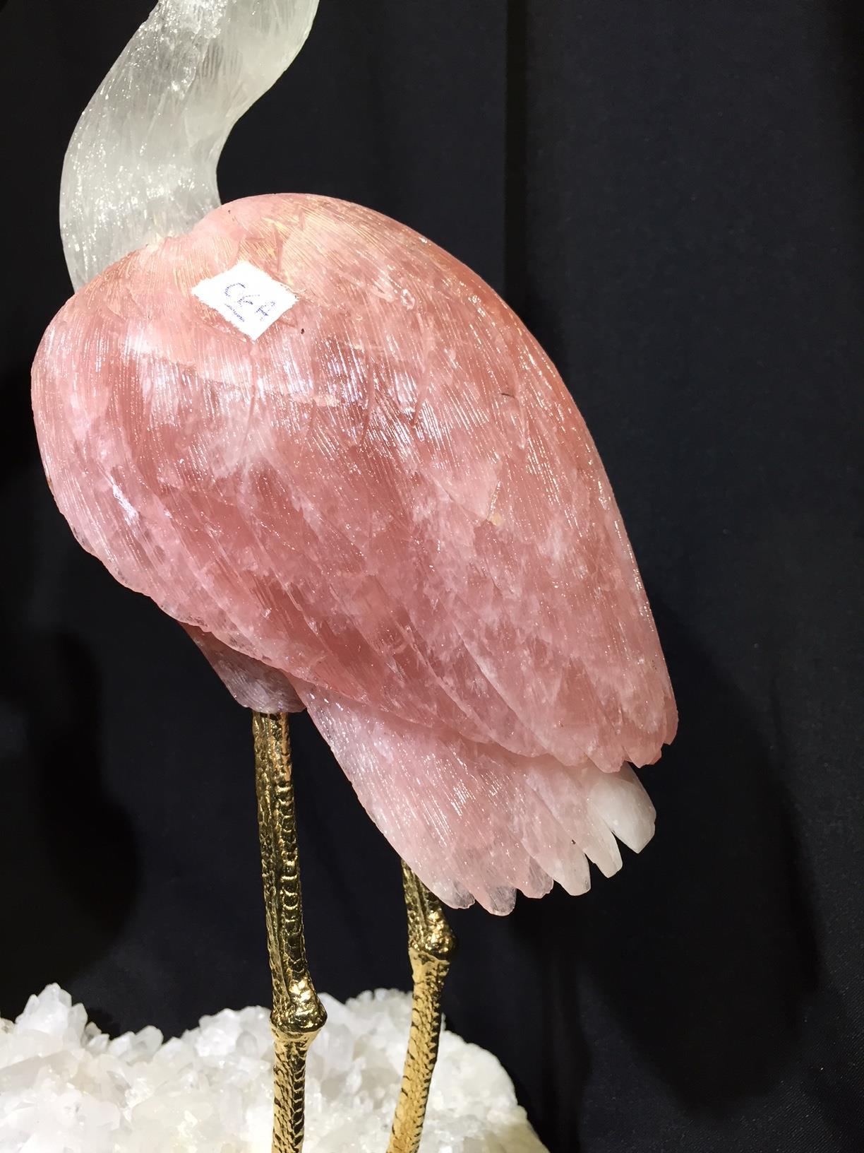 Hand-Carved Rock Crystal, Rose Quartz and Tiger Eye Flamingo Group
