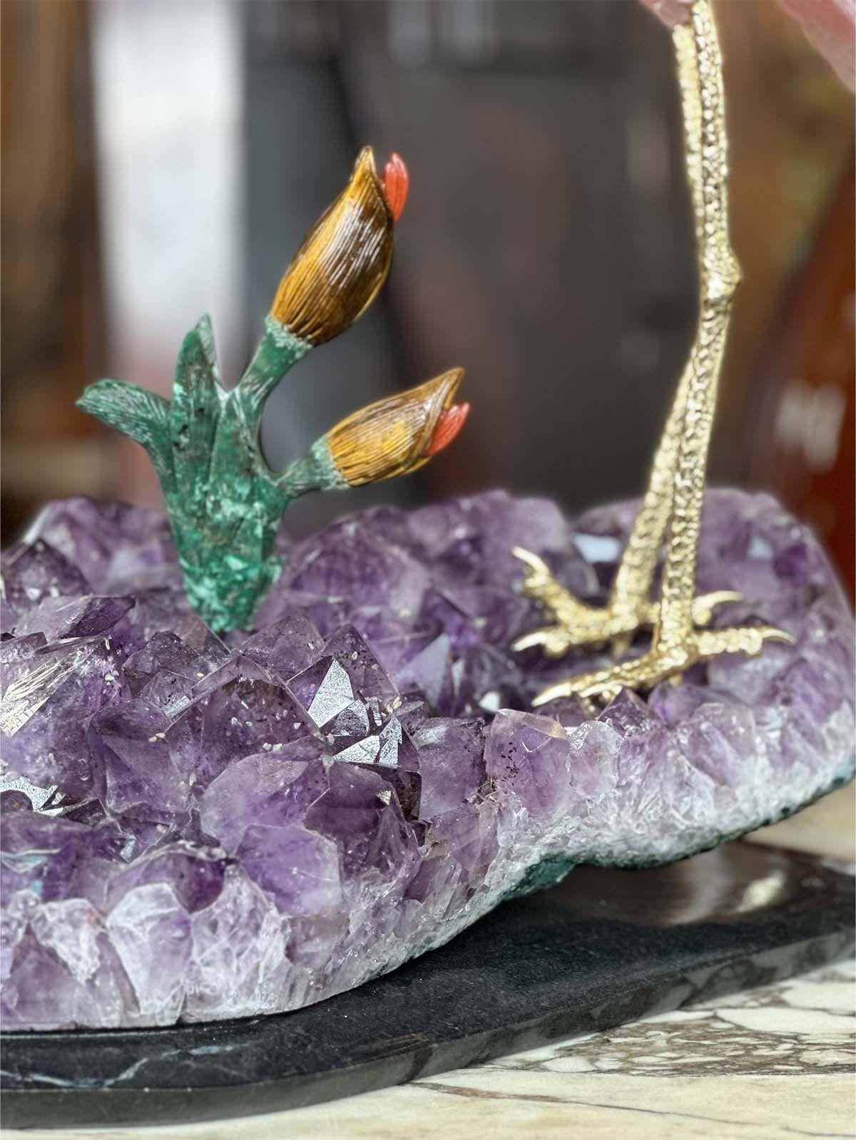 Brazilian Rock Crystal & Rose Quartz Bird Sculpture with Amethyst Stand For Sale