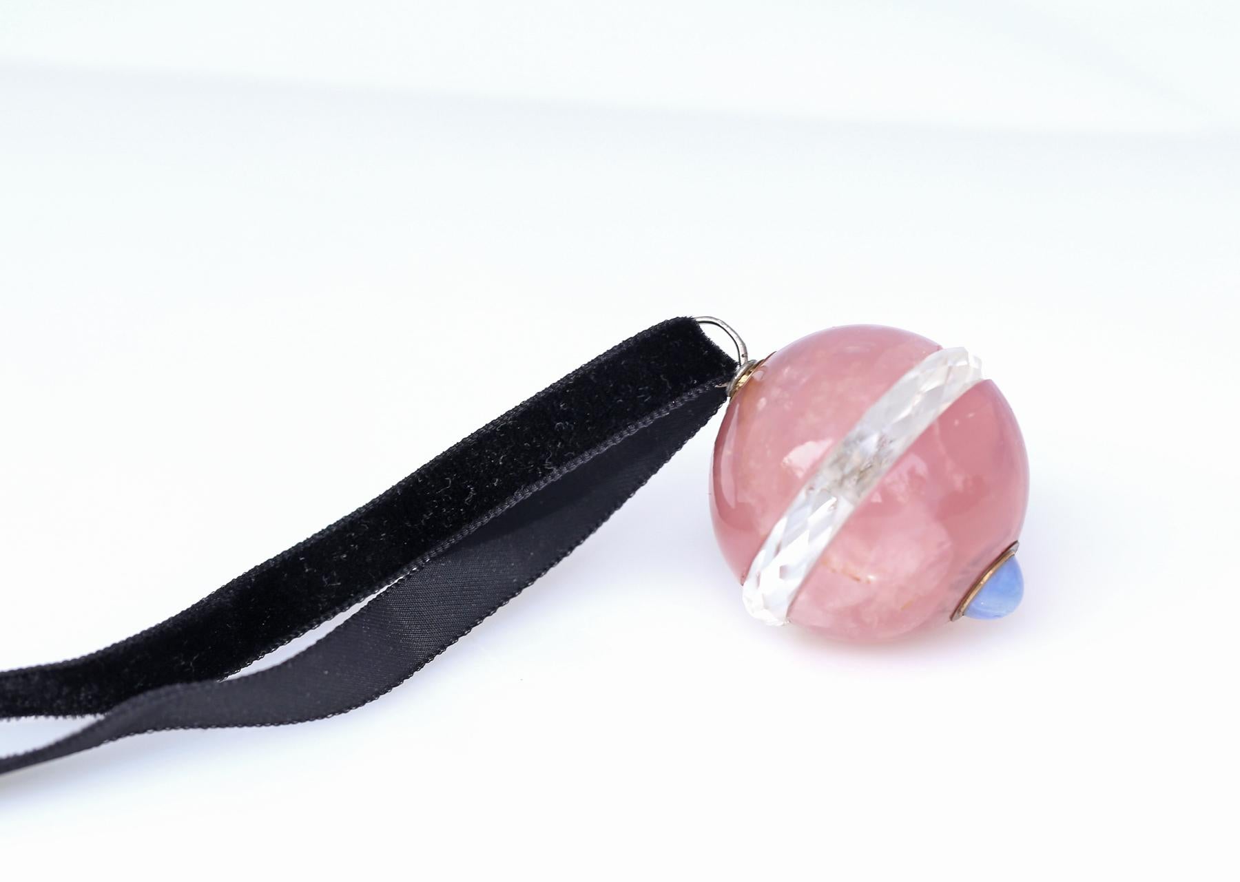 Cabochon Rock Crystal Rose Quartz Sapphire Pendant, 1900