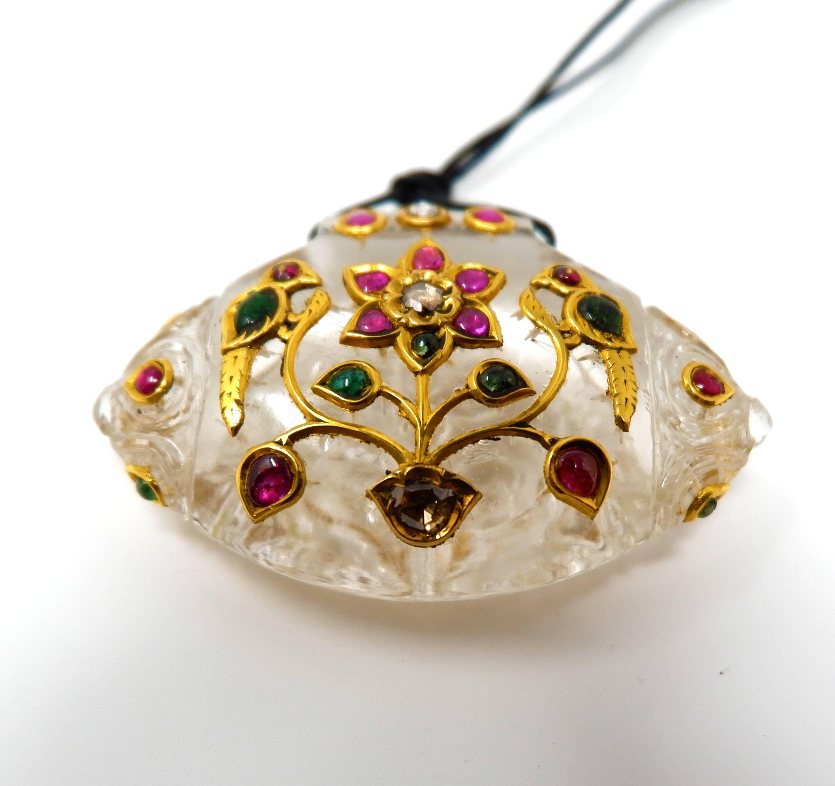 Rock Crystal Ruby Diamond and 18 Karat Yellow Gold Indian Pendant Necklace For Sale 2