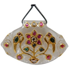 Collier pendentif indien en cristal de roche, rubis, diamant et or jaune 18 carats