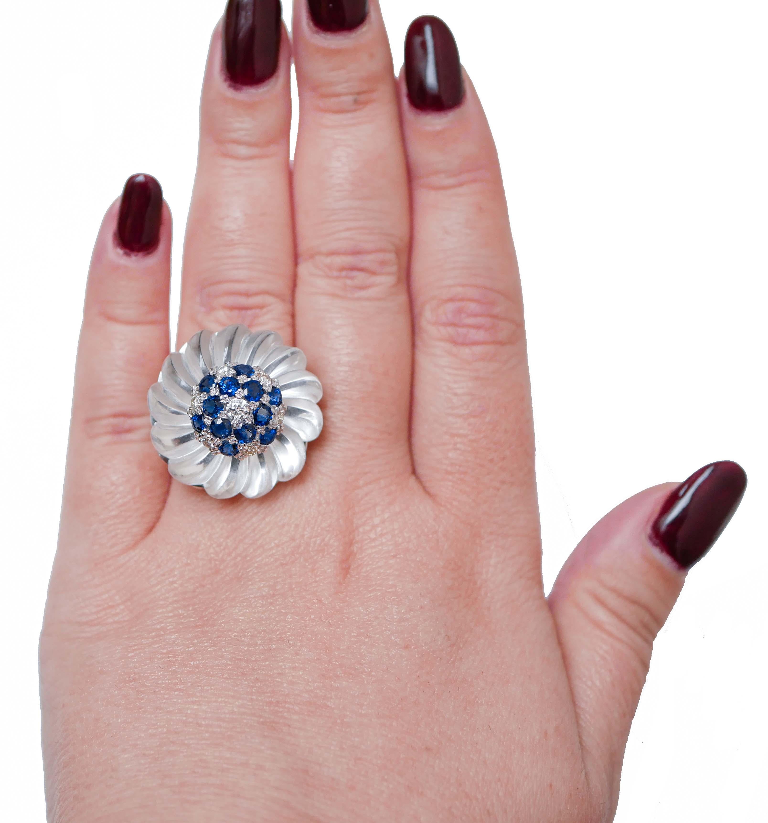 Mixed Cut Rock Crystal, Sapphires, Diamonds, Platinum and 14 Karat White Gold  Ring For Sale