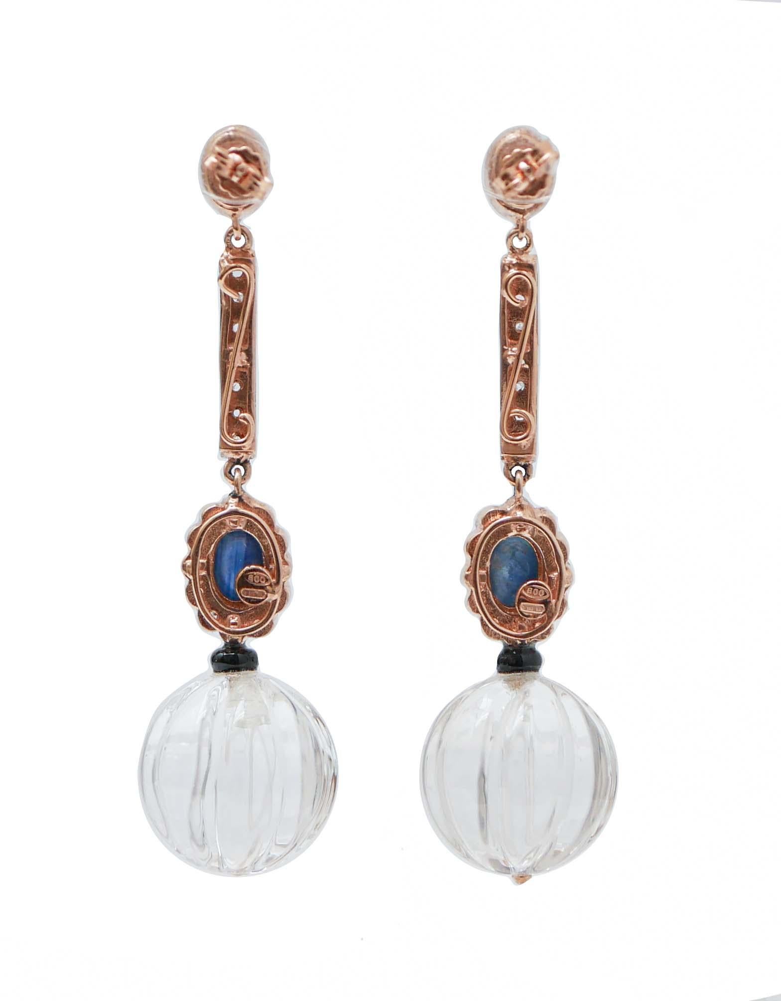Retro Rock Crystal, Sapphires, Diamonds, Rose Gold and Silver Earrings.