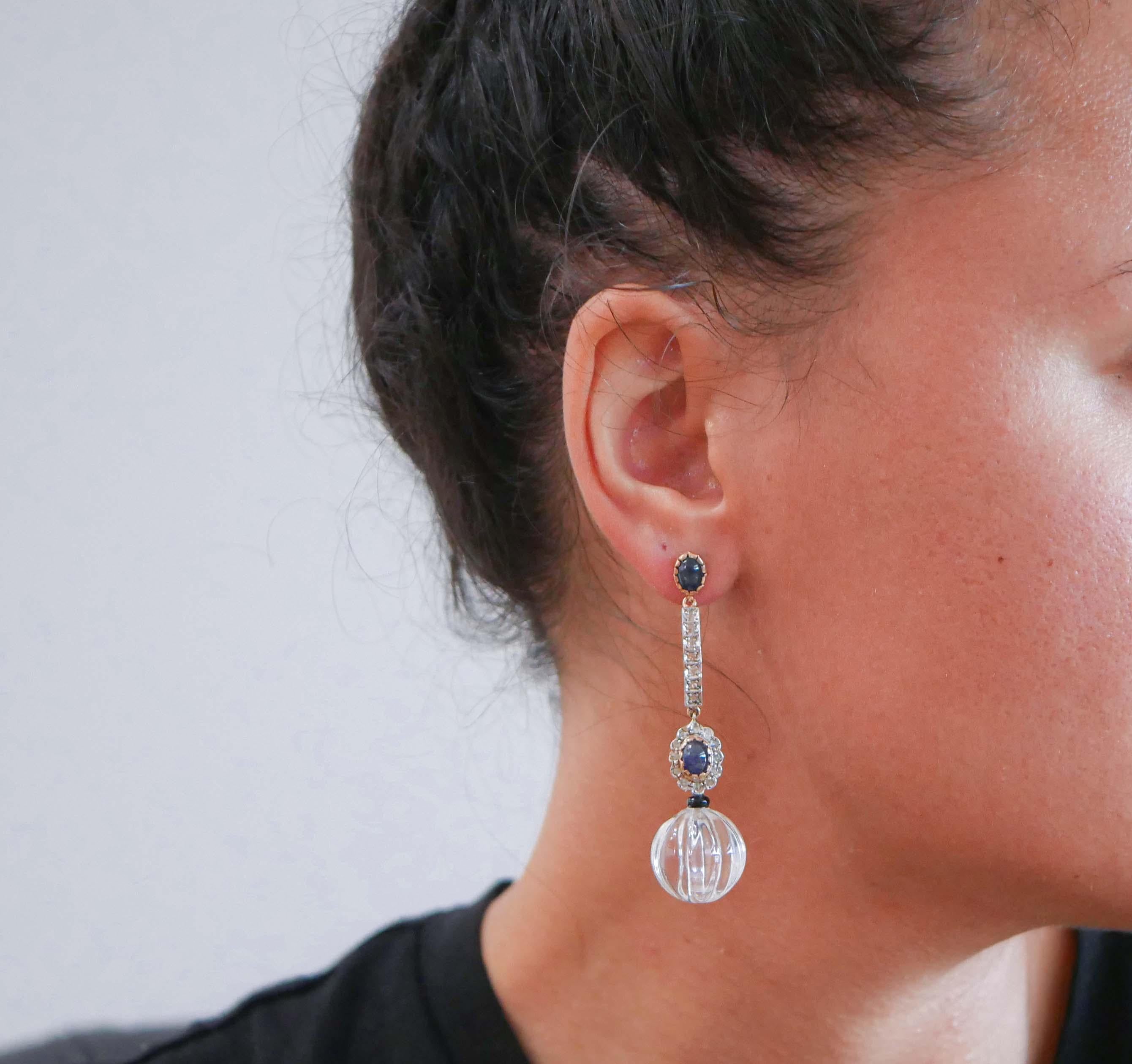 Mixed Cut Rock Crystal, Sapphires, Diamonds, Rose Gold and Silver Earrings.