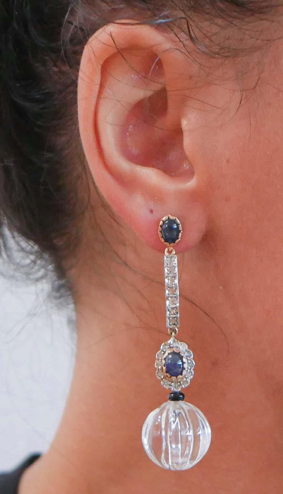 Rock Crystal, Sapphires, Diamonds, Rose Gold and Silver Earrings. In Good Condition In Marcianise, Marcianise (CE)