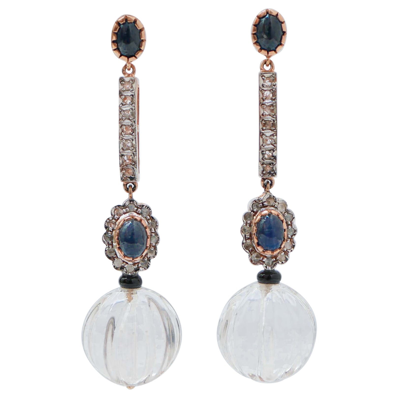 Rock Crystal, Sapphires, Diamonds, Rose Gold and Silver Earrings.