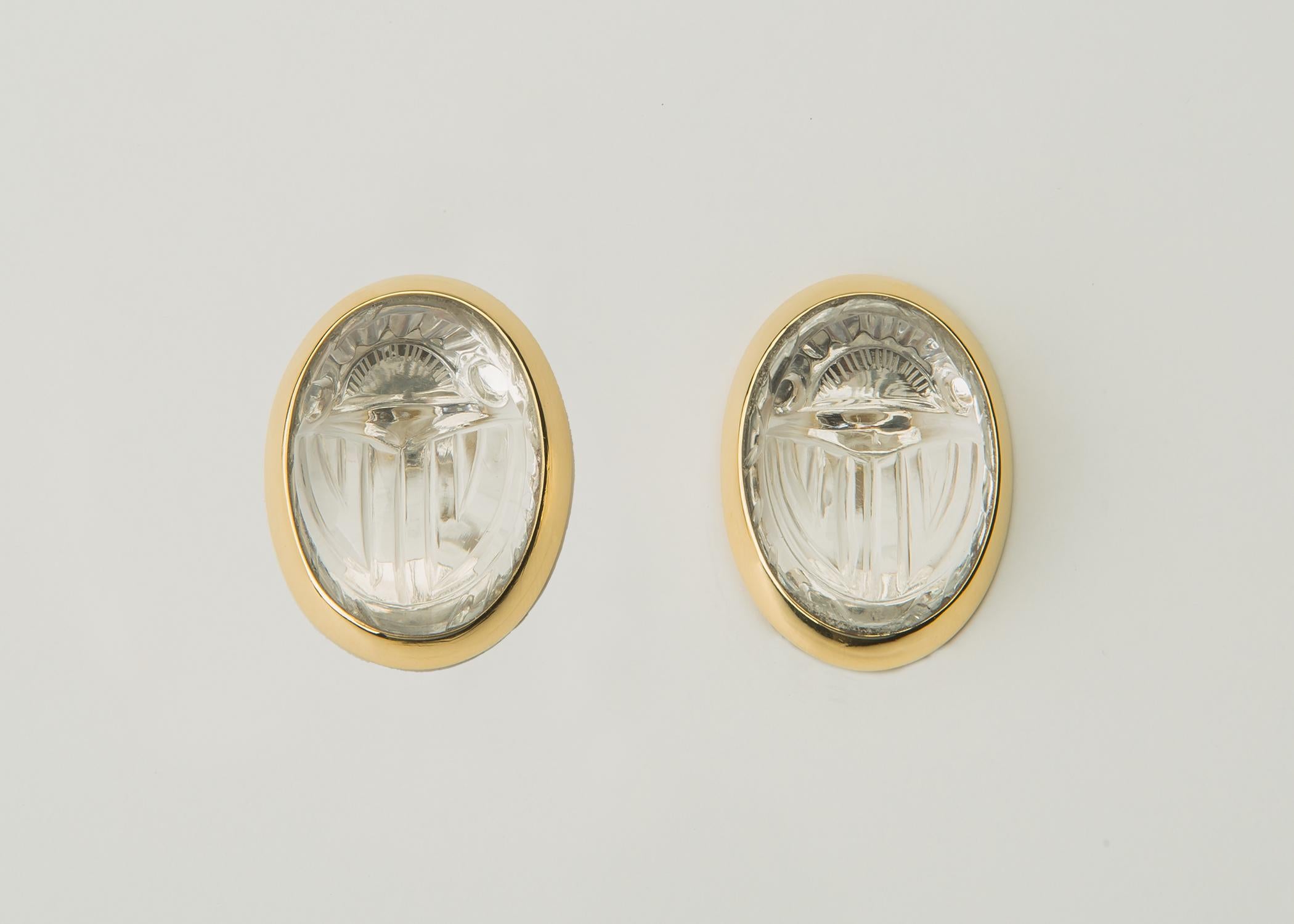 Contemporary Rock Crystal Scarab and Gold Earrings For Sale
