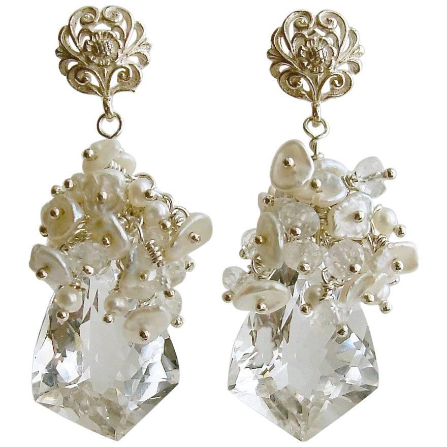 Rock Crystal Seed Pearl Keshi Pearl Bridal Earrings