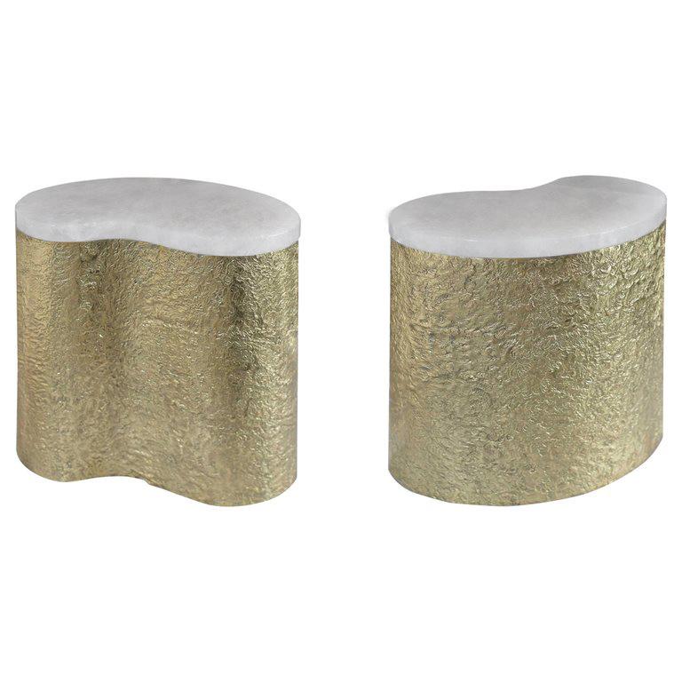 One hammered brass finish side table with rock crystal quartz top, created by Phoenix Gallery.
Custom size upon request.