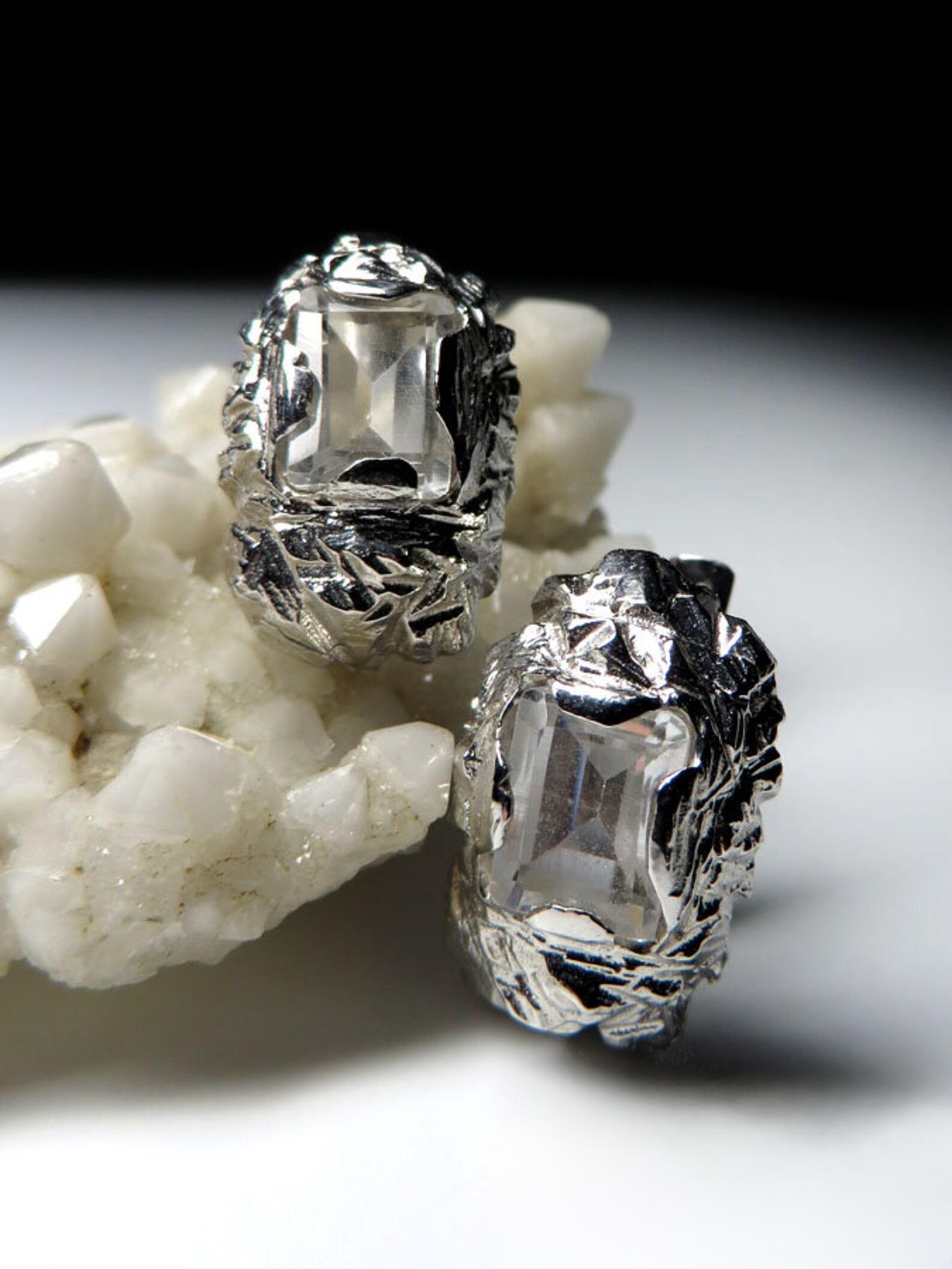 Radiant Cut Rock Crystal Silver Earrings Fantasy Octagon Cut Pure Clear Quartz Gemstone  For Sale