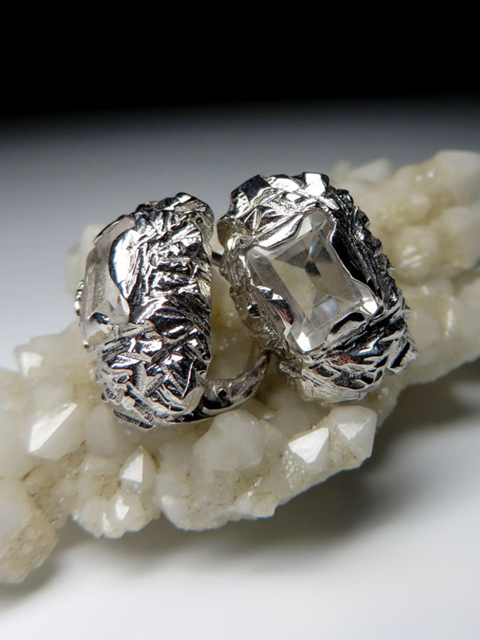 Women's or Men's Rock Crystal Silver Earrings Fantasy Octagon Cut Pure Clear Quartz Gemstone  For Sale