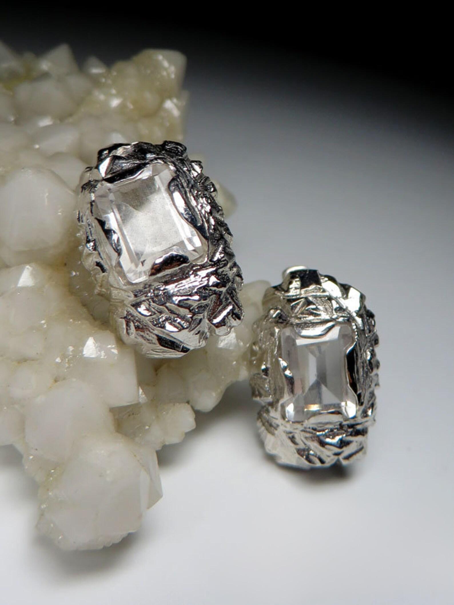 Rock Crystal Silver Earrings Fantasy Octagon Cut Pure Clear Quartz Gemstone  For Sale 1