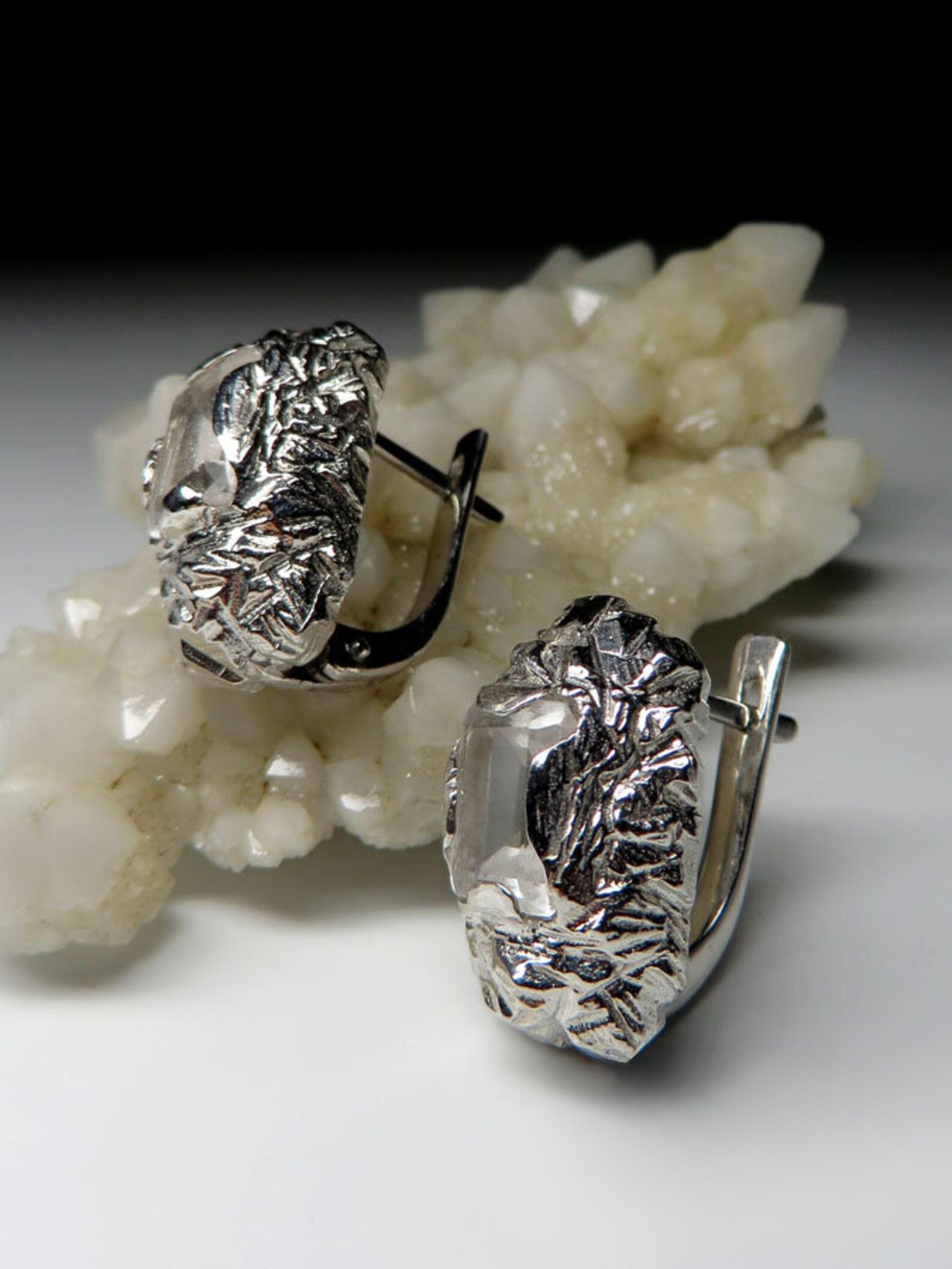 Rock Crystal Silver Earrings Fantasy Octagon Cut Pure Clear Quartz Gemstone  For Sale 2