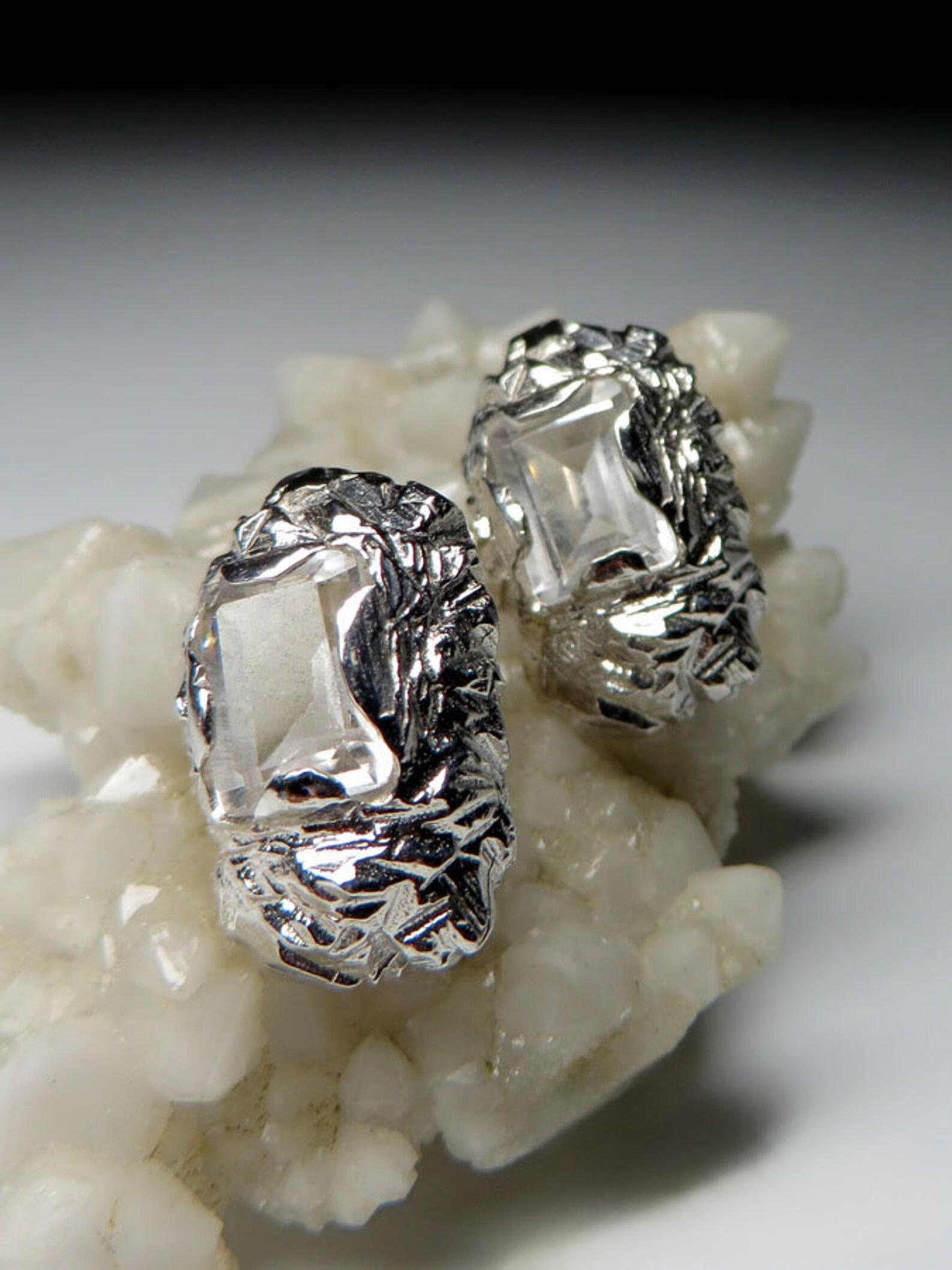 Bergkristall Silber Ohrringe Fantasie Oktagon Schliff Reiner Klarer Quarz Edelstein  im Angebot 1