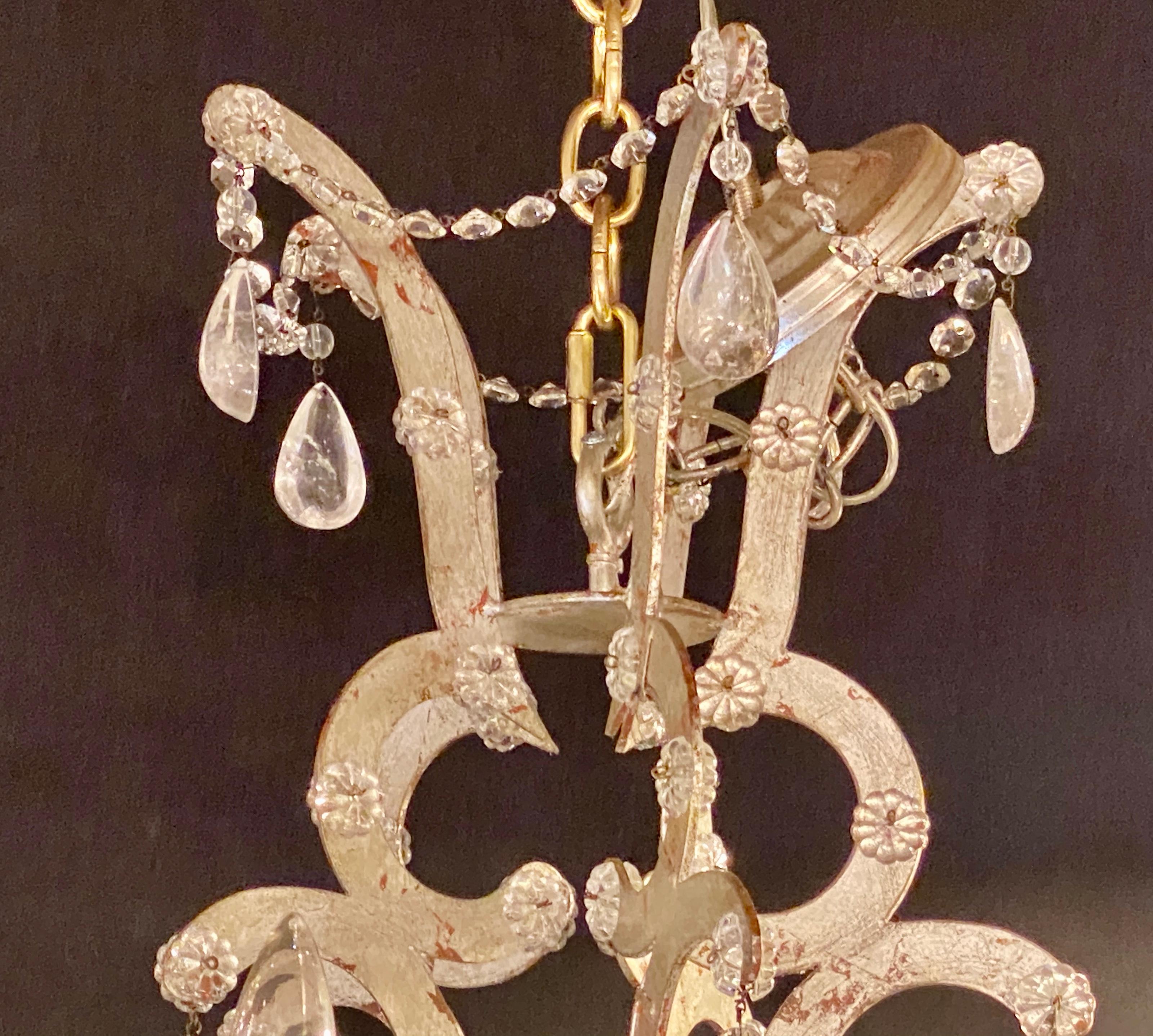 Hollywood Regency Rock Crystal Silver Gilt & Iron Chandelier 10-Light with Multiple Crystals